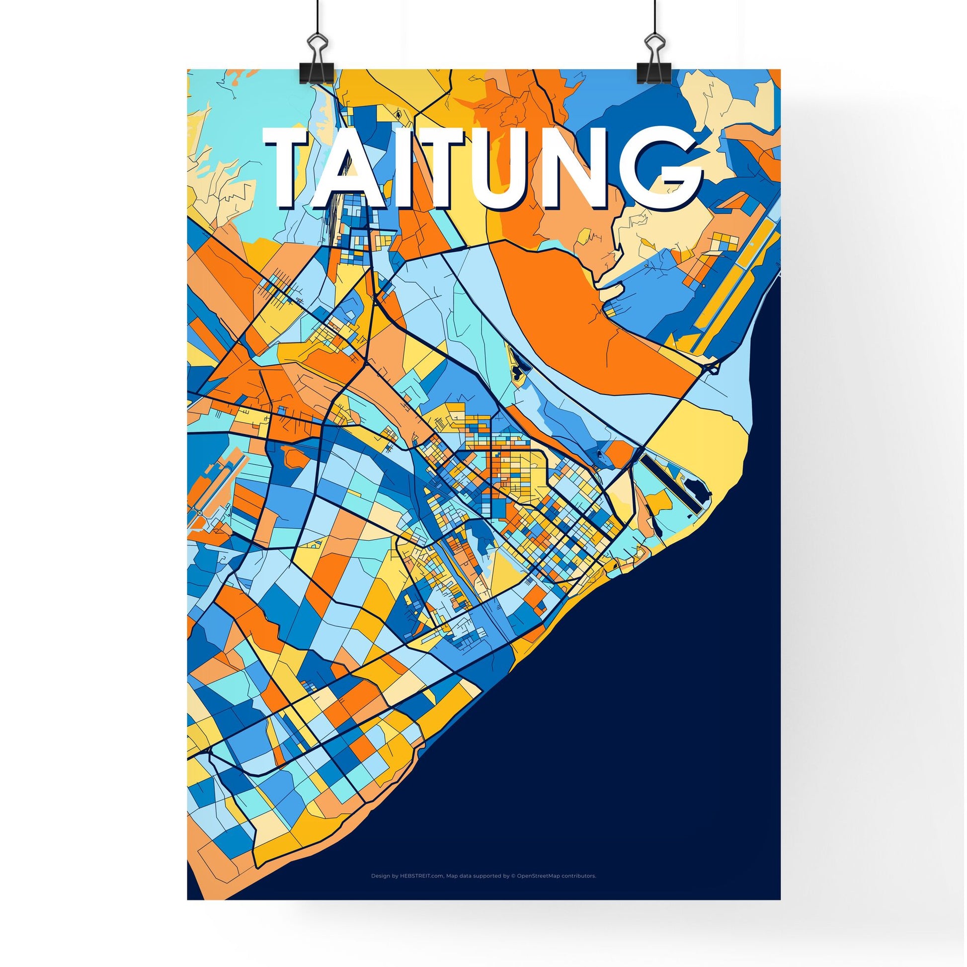 TAITUNG TAIWAN Vibrant Colorful Art Map Poster Blue Orange