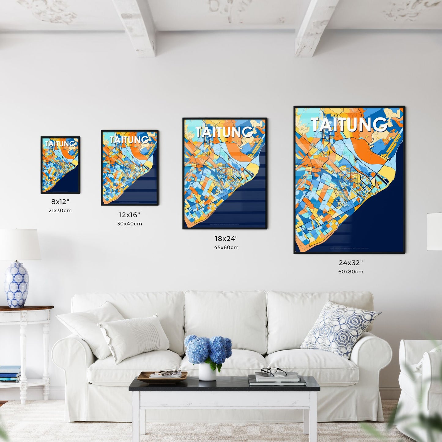 TAITUNG TAIWAN Vibrant Colorful Art Map Poster Blue Orange