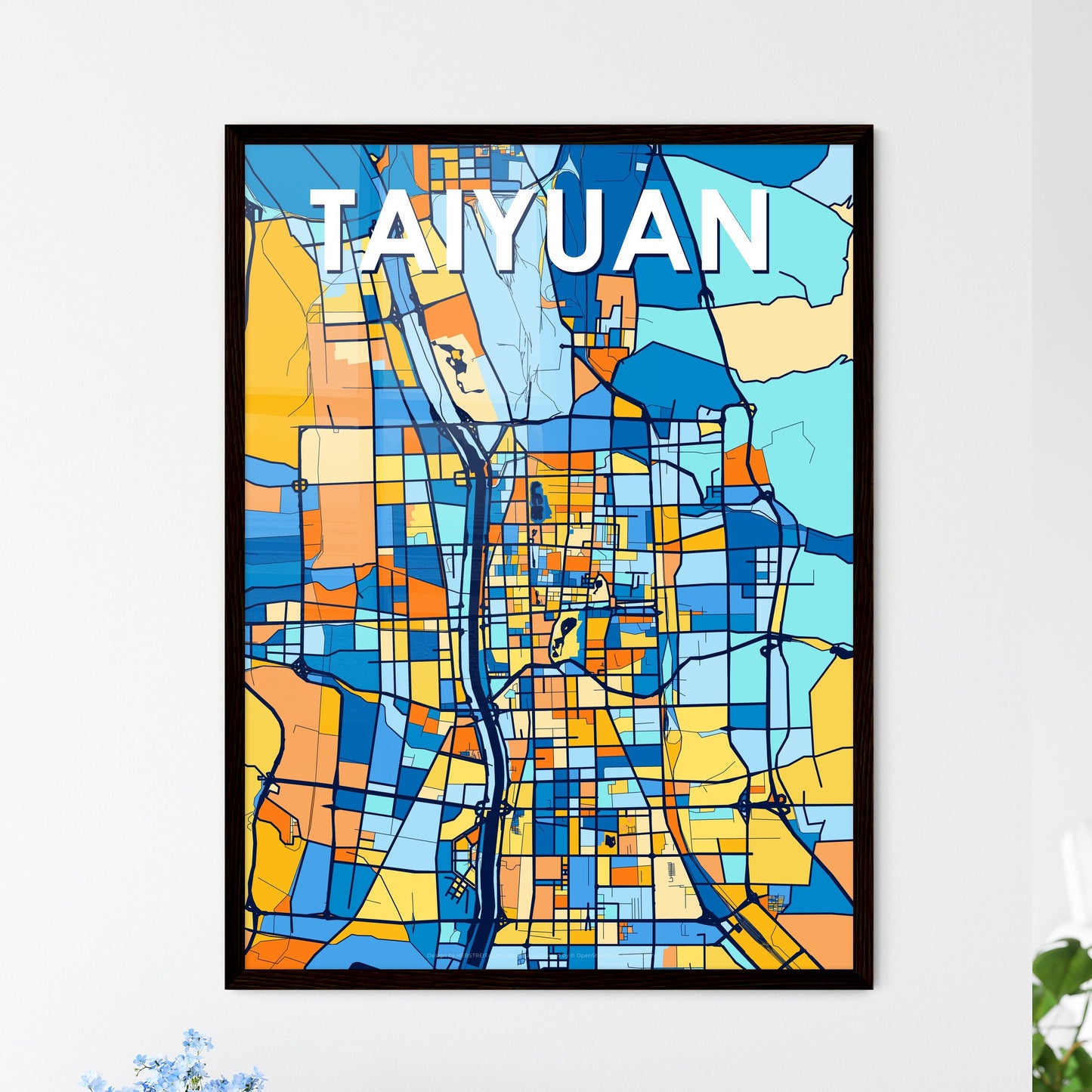 TAIYUAN CHINA Vibrant Colorful Art Map Poster Blue Orange