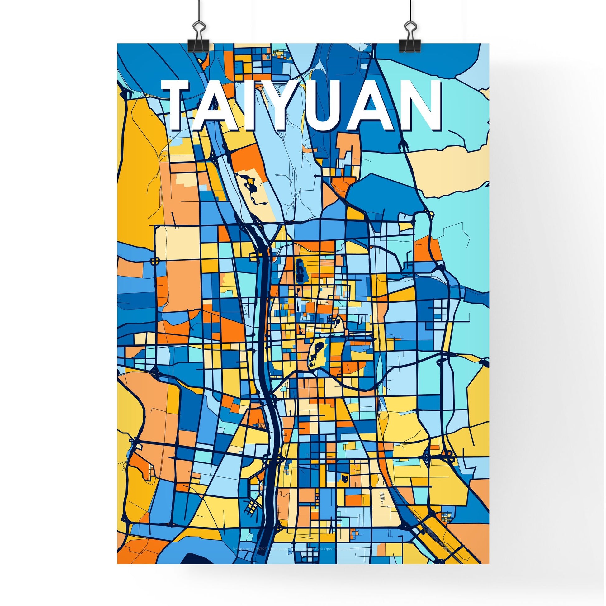 TAIYUAN CHINA Vibrant Colorful Art Map Poster Blue Orange