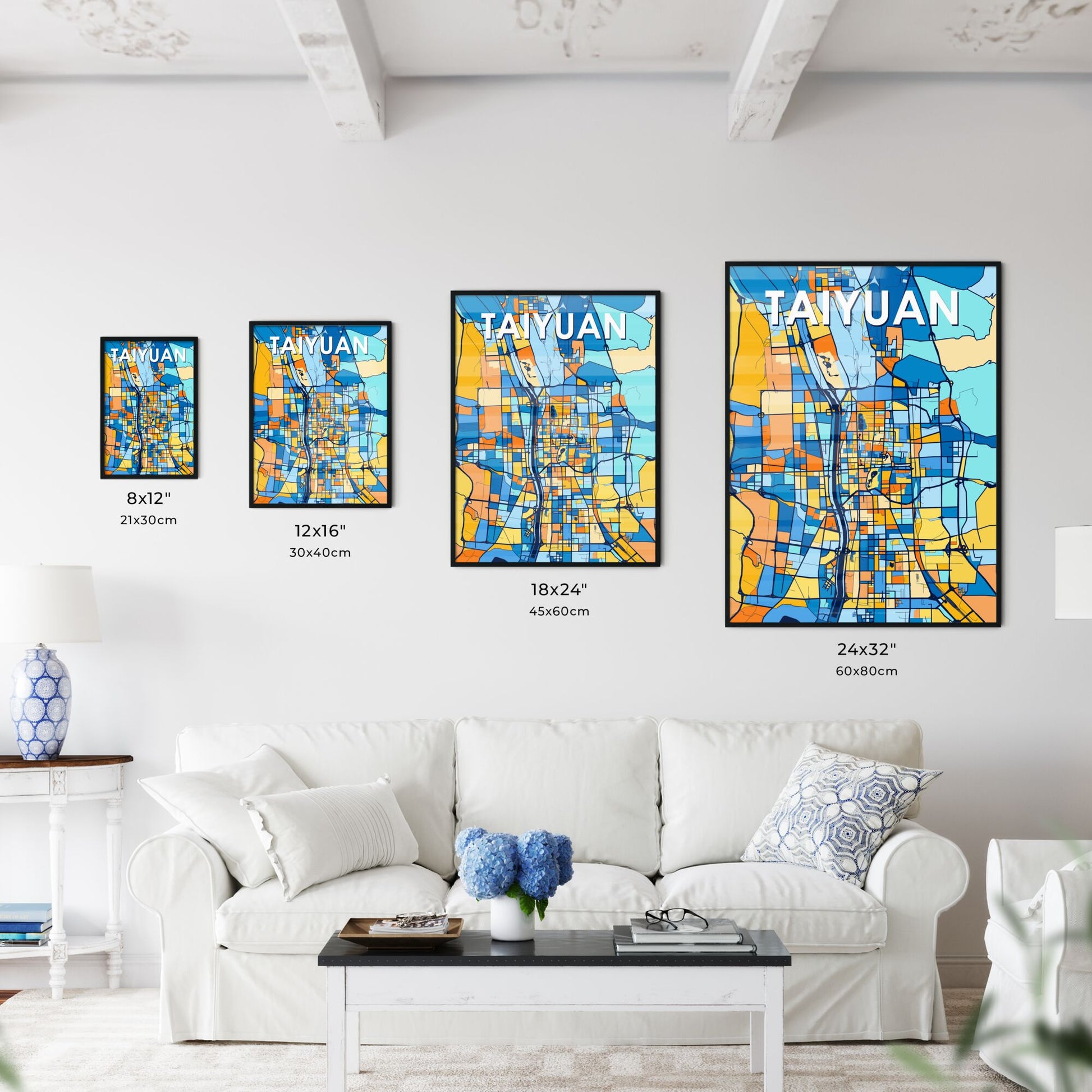 TAIYUAN CHINA Vibrant Colorful Art Map Poster Blue Orange