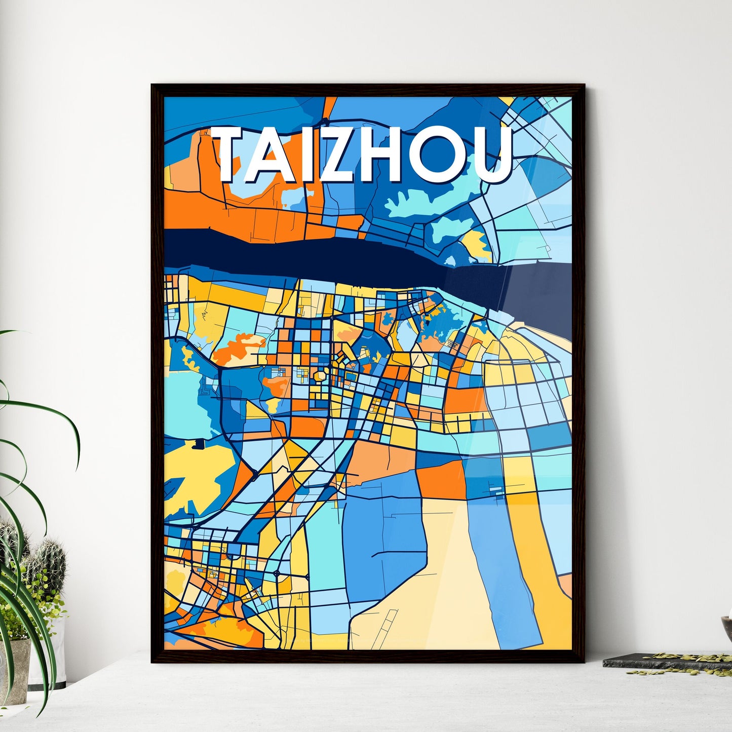 TAIZHOU CHINA Vibrant Colorful Art Map Poster Blue Orange