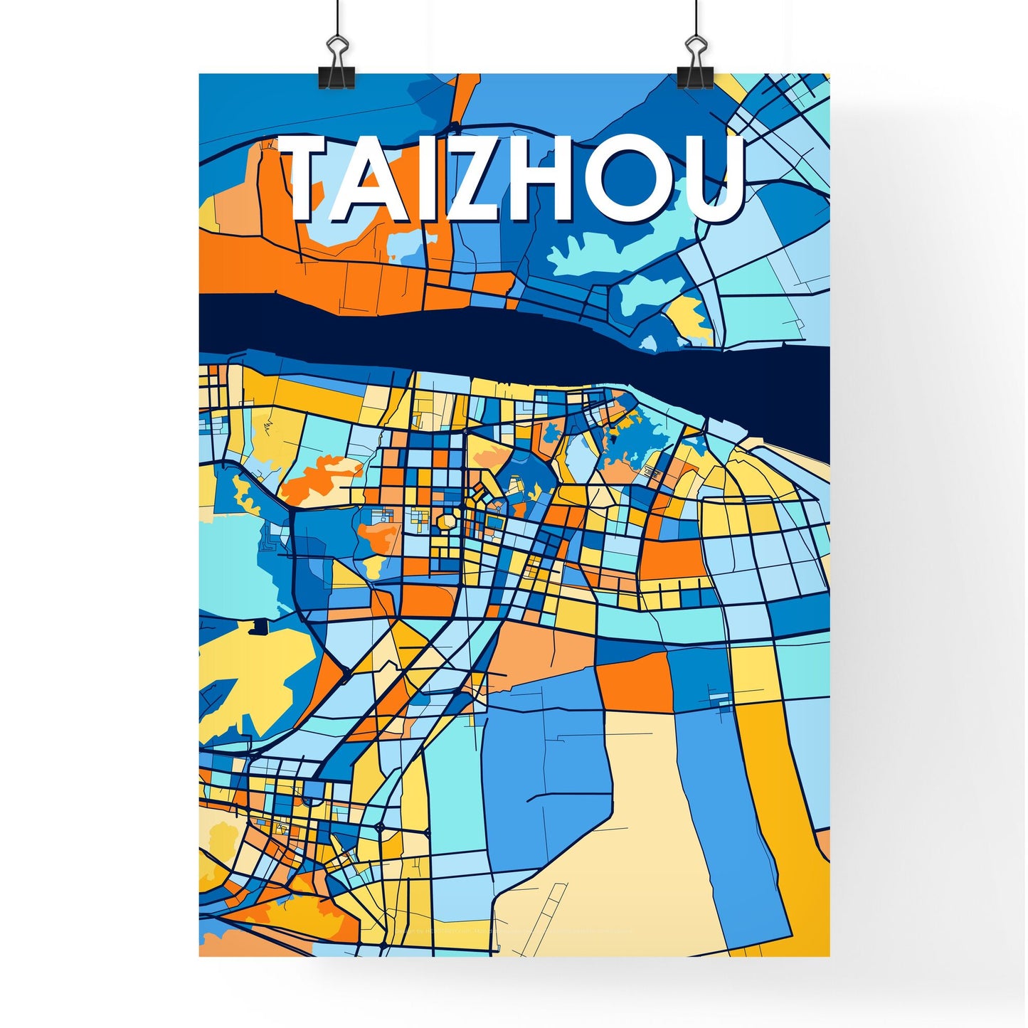 TAIZHOU CHINA Vibrant Colorful Art Map Poster Blue Orange