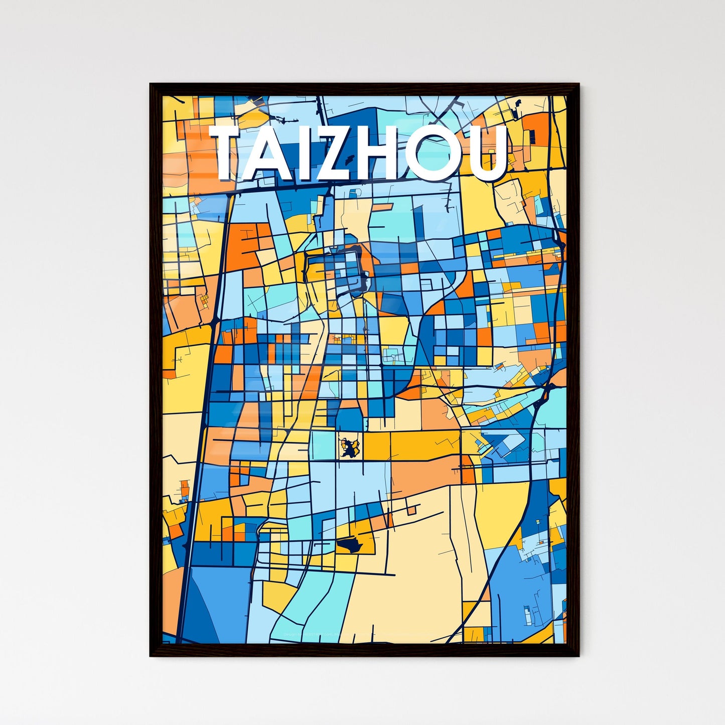 TAIZHOU CHINA Vibrant Colorful Art Map Poster Blue Orange