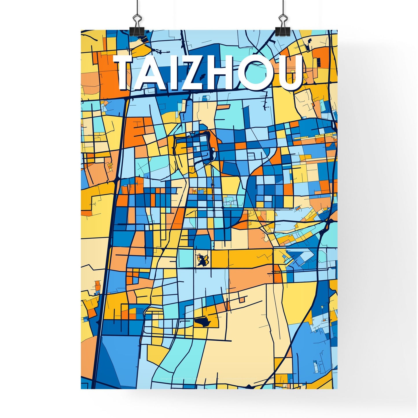 TAIZHOU CHINA Vibrant Colorful Art Map Poster Blue Orange