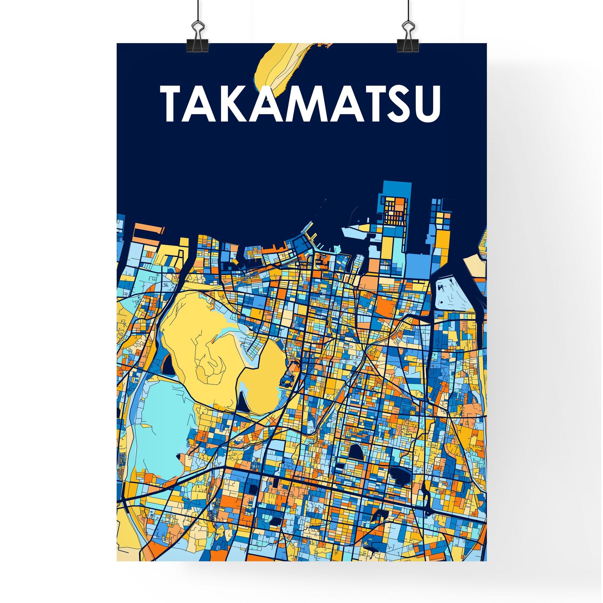 TAKAMATSU JAPAN Vibrant Colorful Art Map Poster Blue Orange