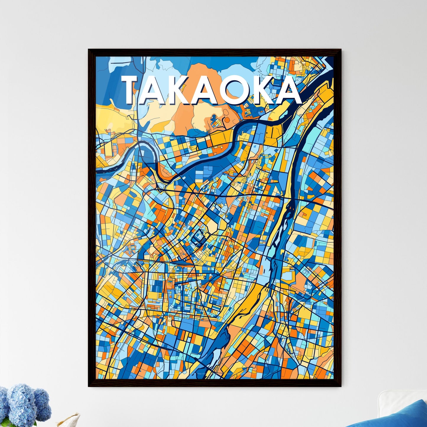 TAKAOKA JAPAN Vibrant Colorful Art Map Poster Blue Orange