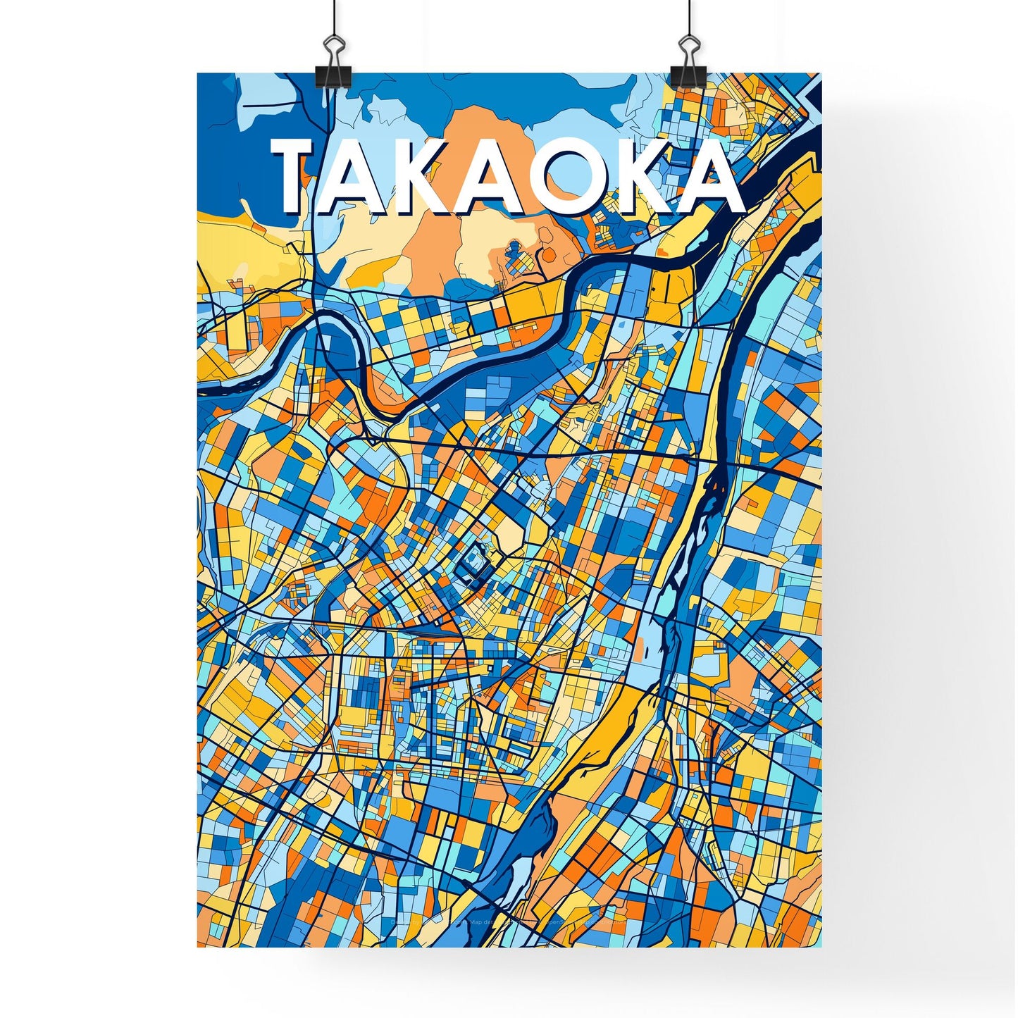 TAKAOKA JAPAN Vibrant Colorful Art Map Poster Blue Orange