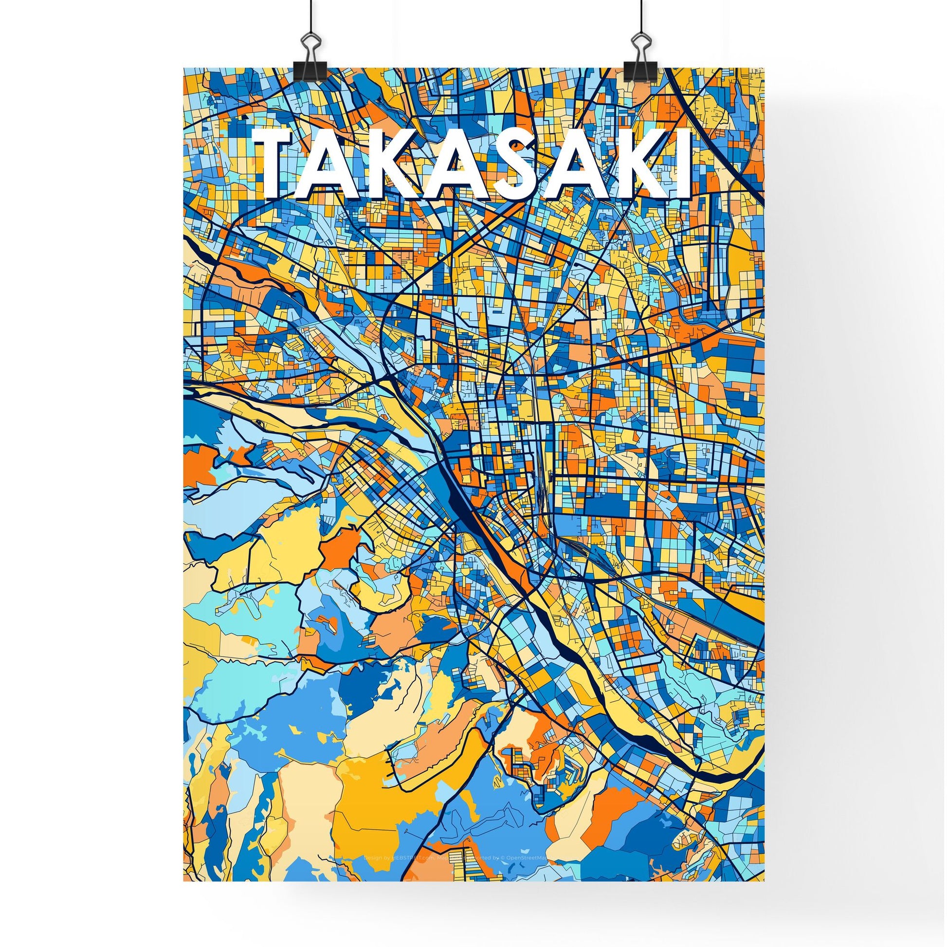 TAKASAKI JAPAN Vibrant Colorful Art Map Poster Blue Orange