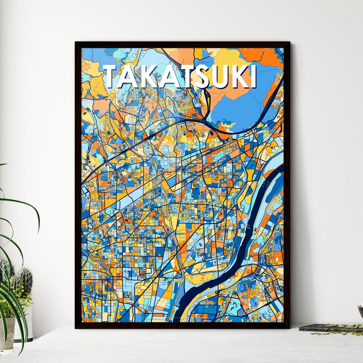 TAKATSUKI JAPAN Vibrant Colorful Art Map Poster Blue Orange