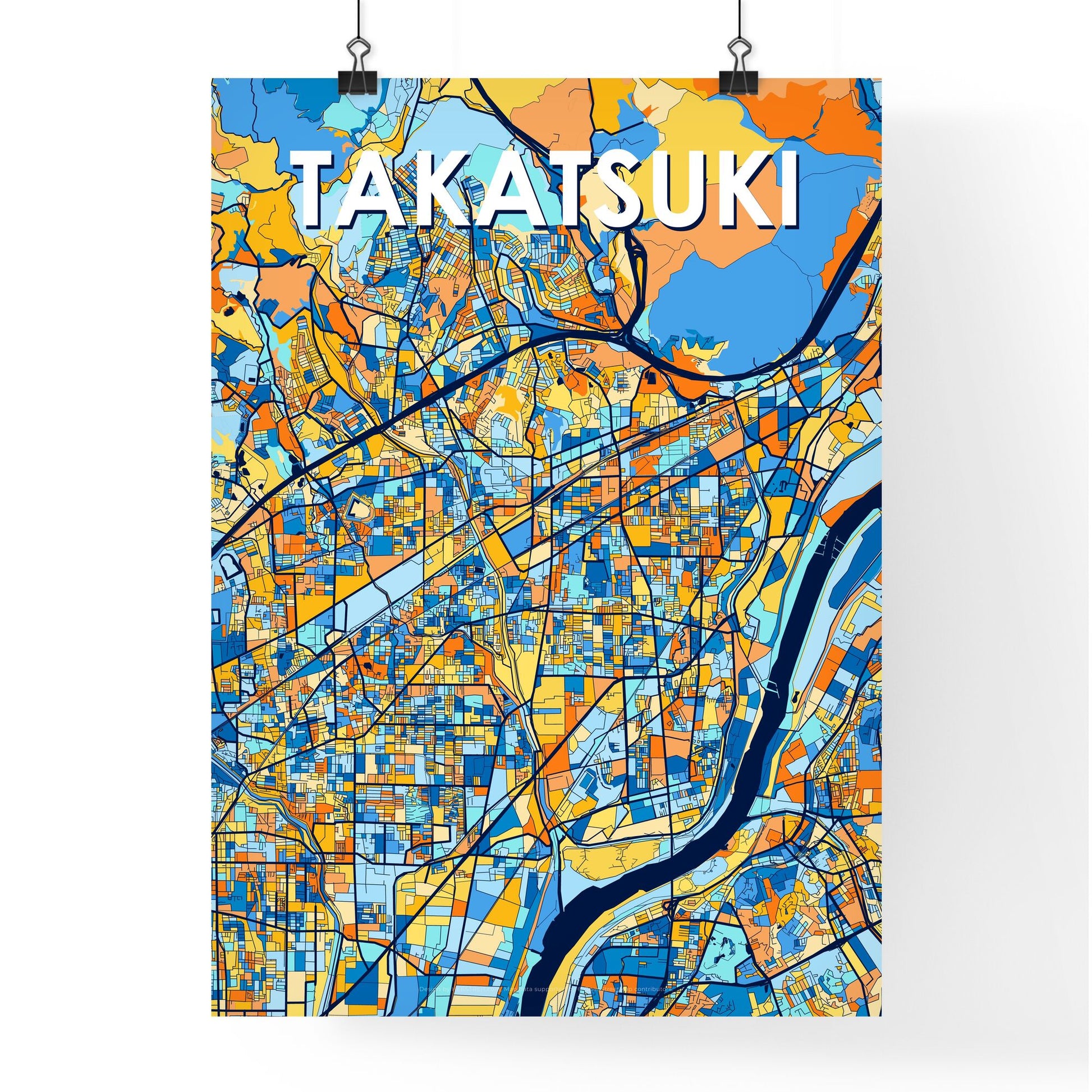 TAKATSUKI JAPAN Vibrant Colorful Art Map Poster Blue Orange