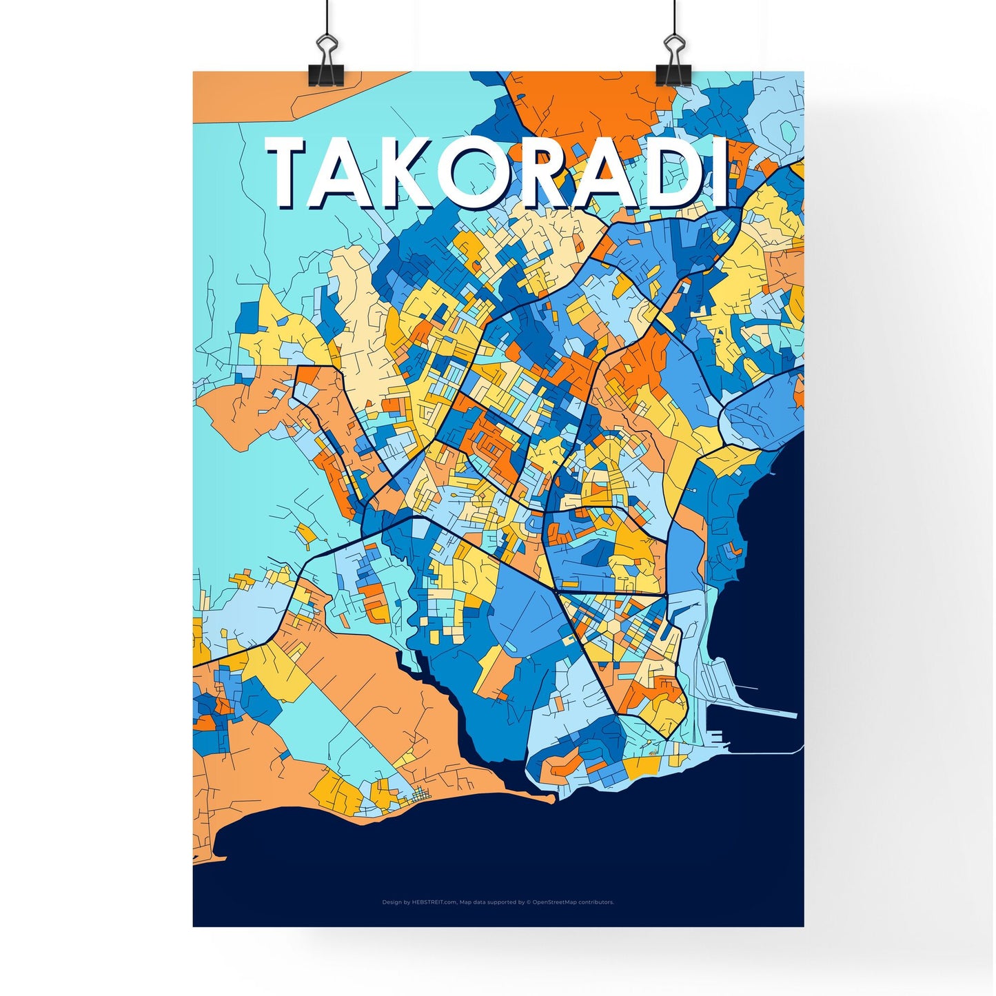 TAKORADI GHANA Vibrant Colorful Art Map Poster Blue Orange