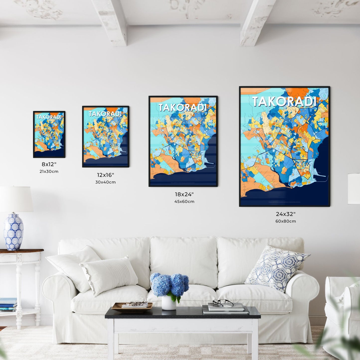 TAKORADI GHANA Vibrant Colorful Art Map Poster Blue Orange