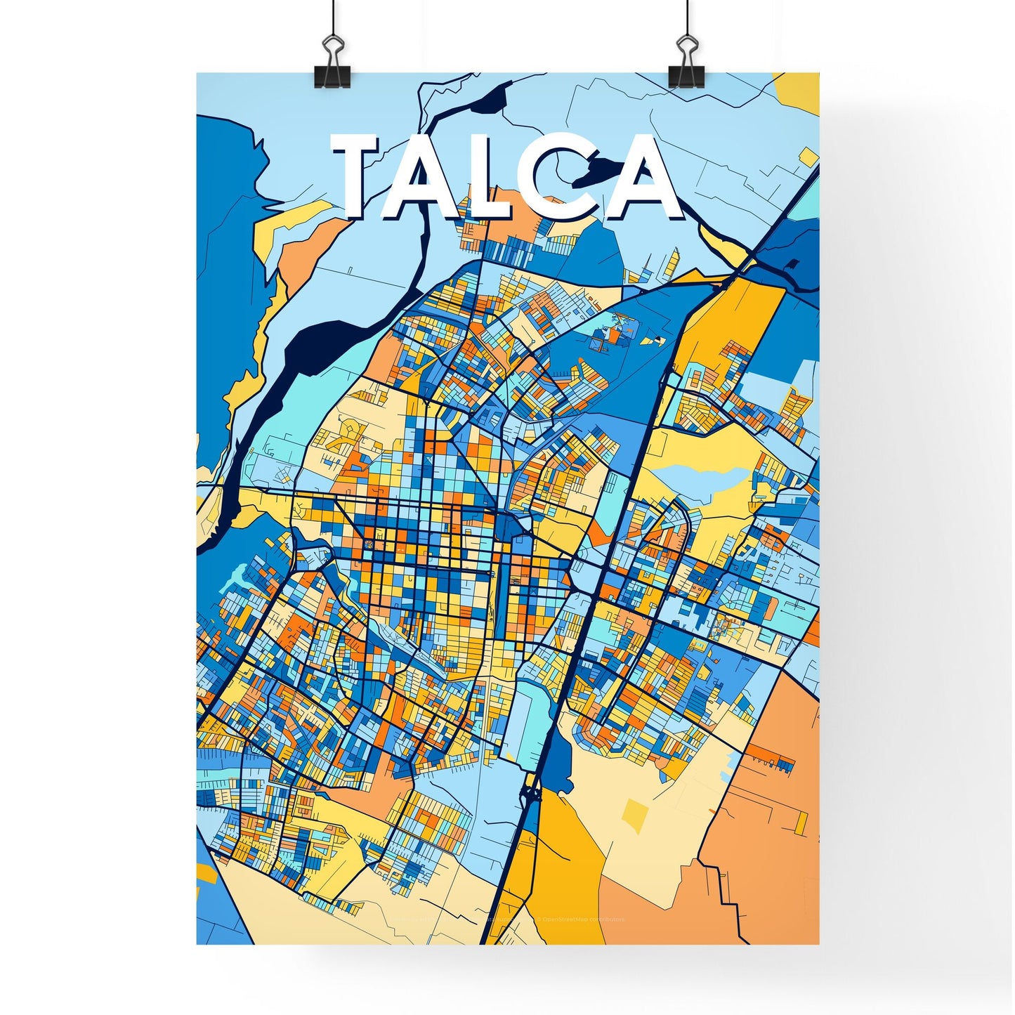 TALCA CHILE Vibrant Colorful Art Map Poster Blue Orange