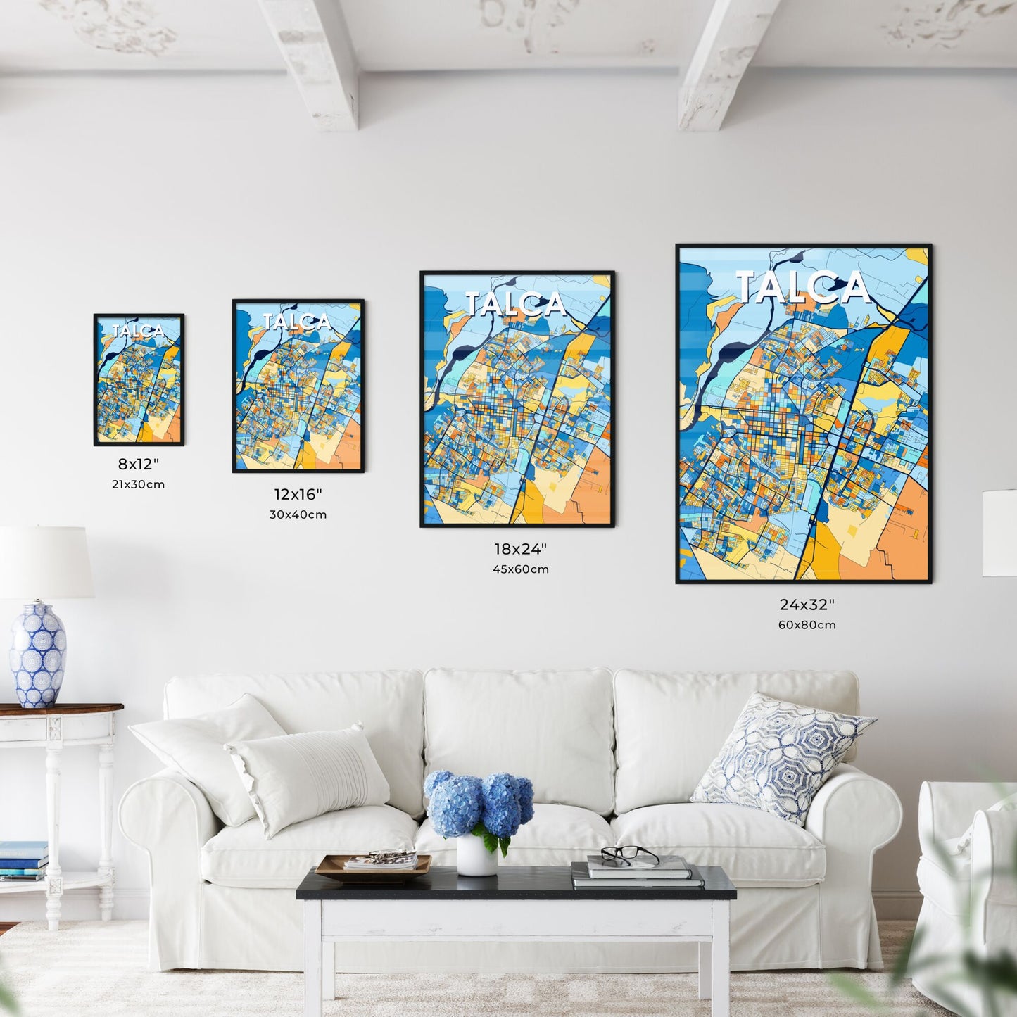 TALCA CHILE Vibrant Colorful Art Map Poster Blue Orange