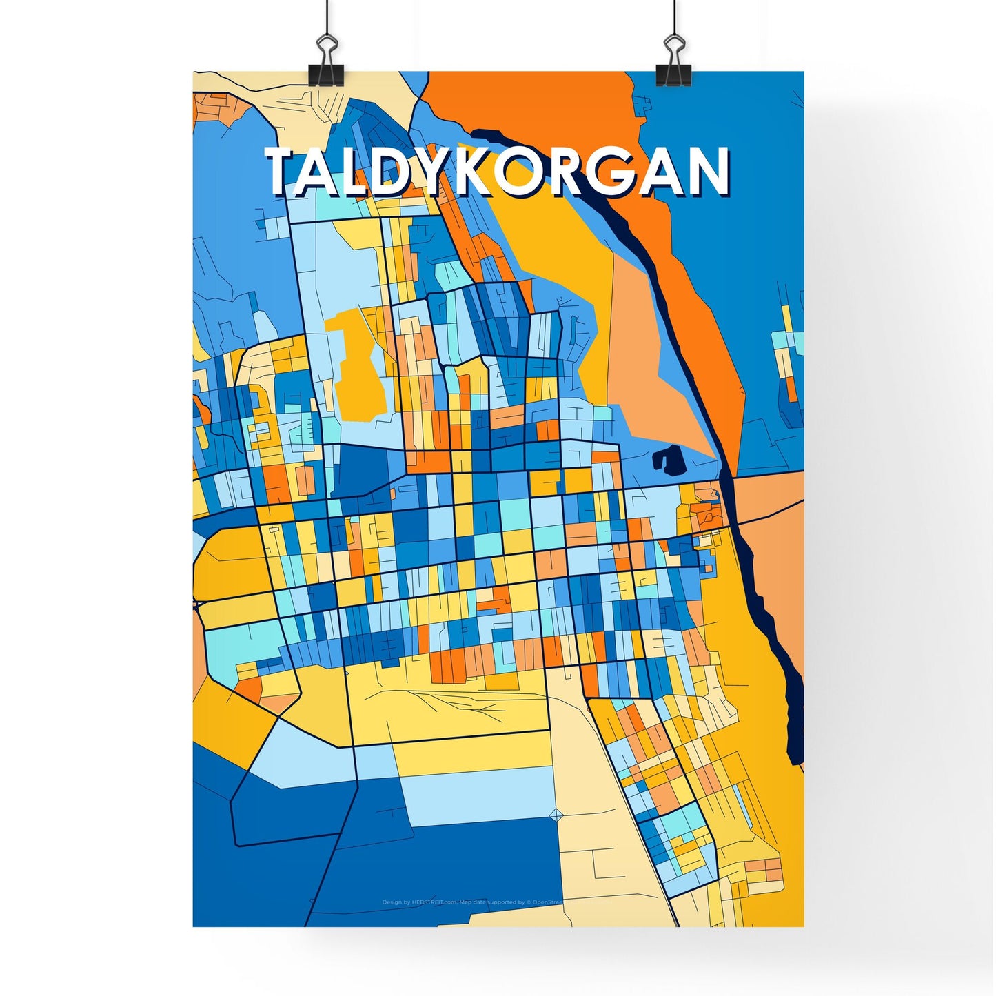 TALDYKORGAN KAZAKHSTAN Vibrant Colorful Art Map Poster Blue Orange