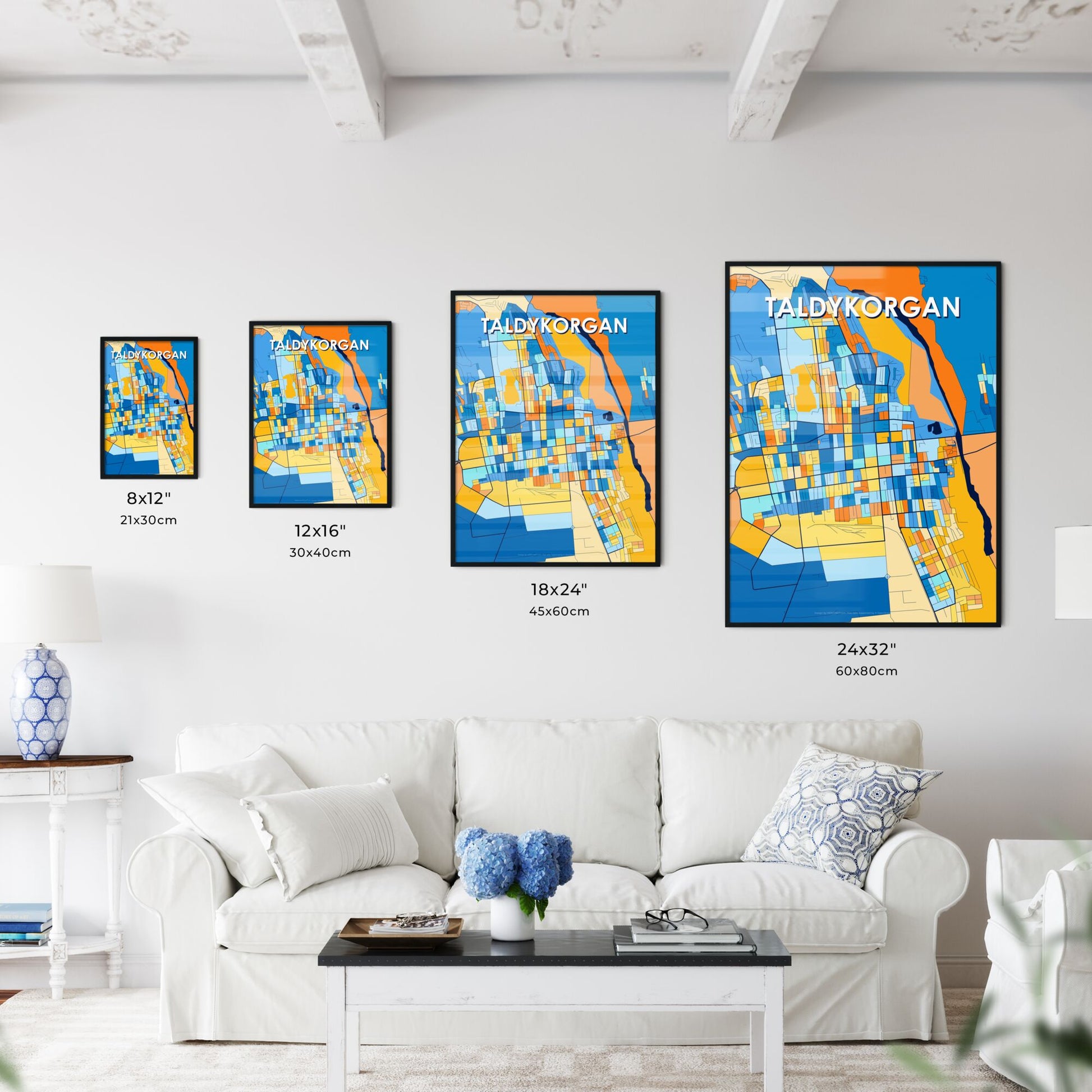 TALDYKORGAN KAZAKHSTAN Vibrant Colorful Art Map Poster Blue Orange