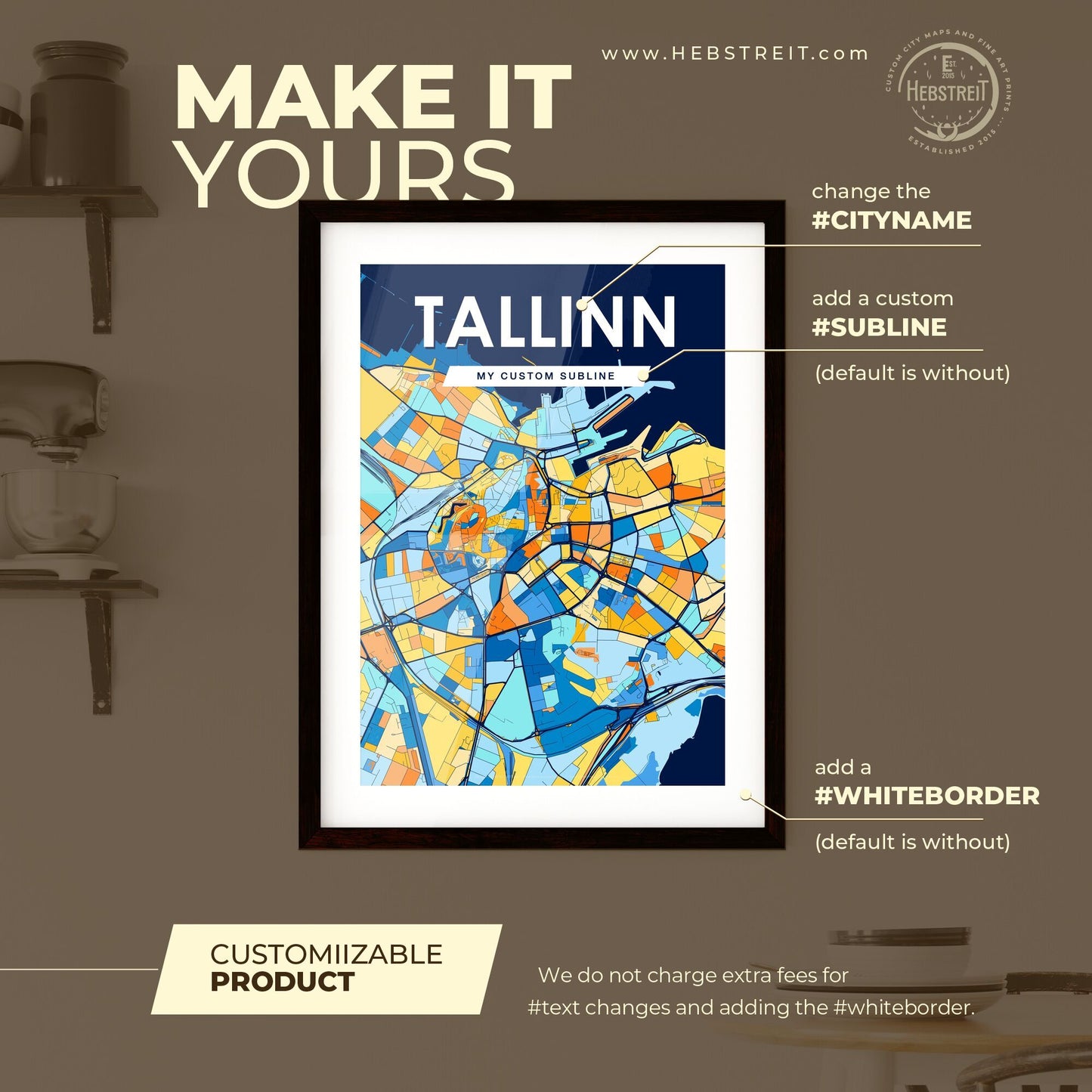 TALLINN ESTONIA Vibrant Colorful Art Map Poster Blue Orange