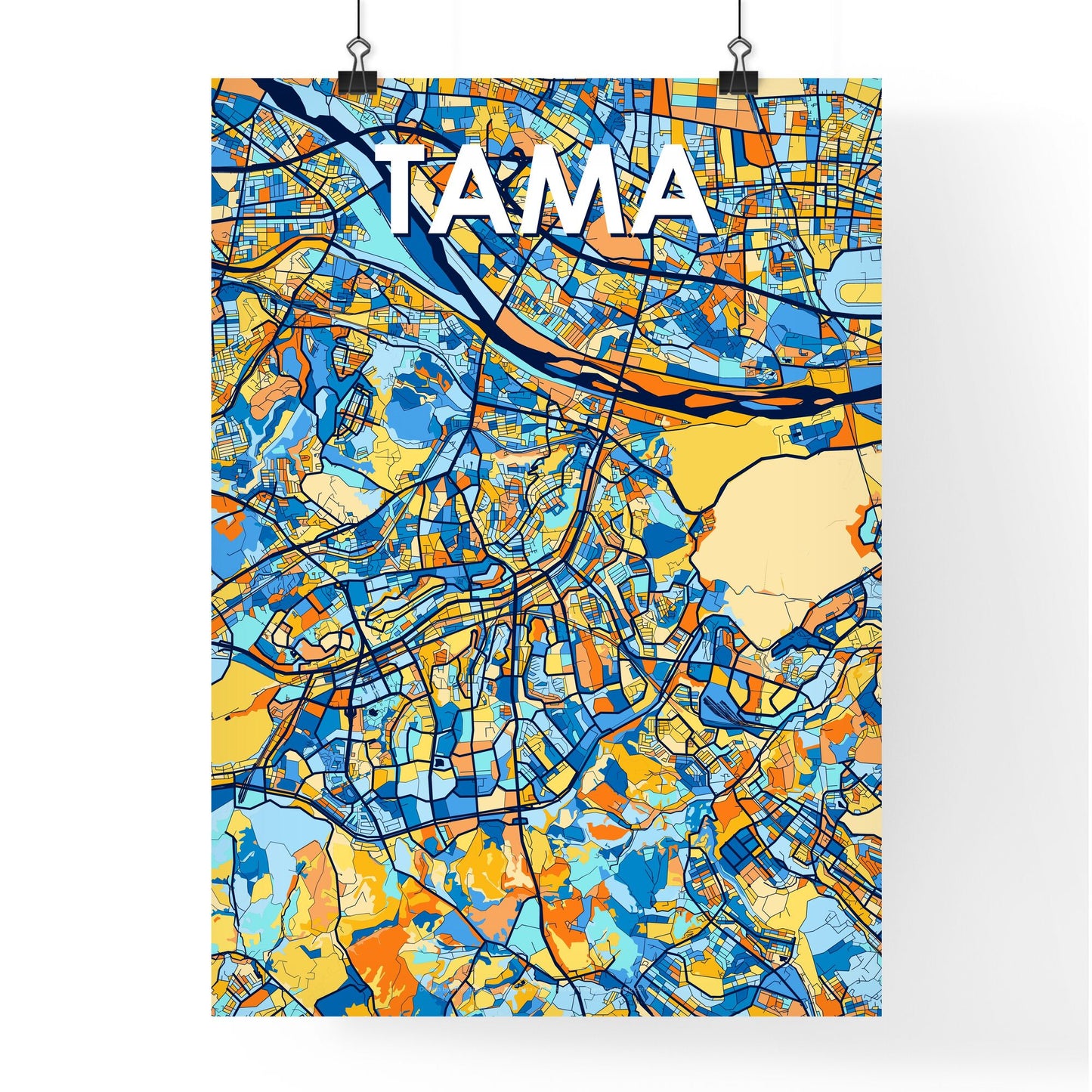 TAMA JAPAN Vibrant Colorful Art Map Poster Blue Orange