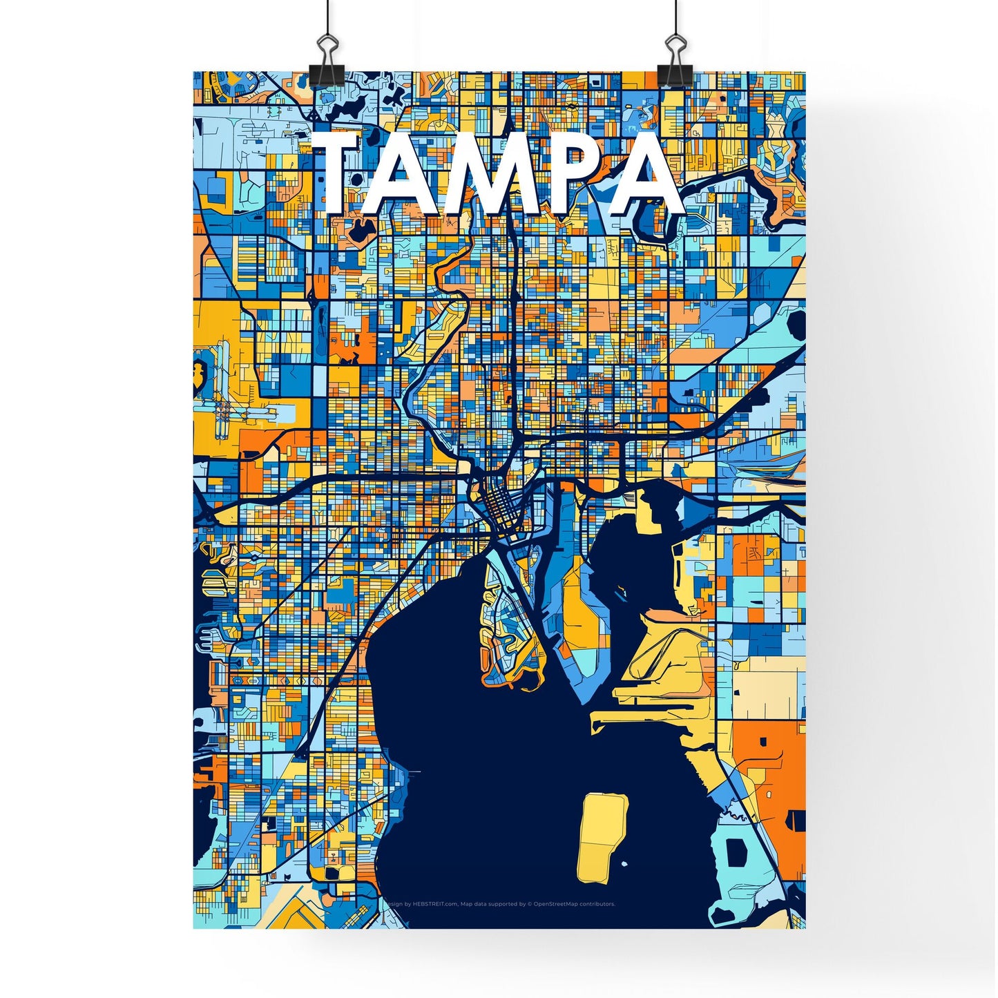 TAMPA FLORIDA Vibrant Colorful Art Map Poster Blue Orange