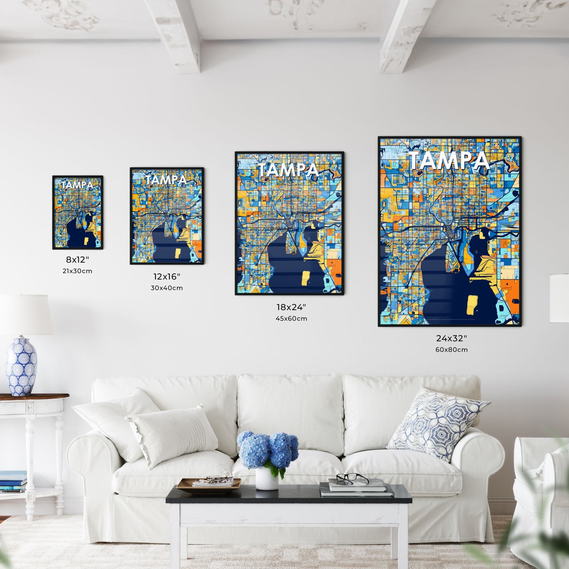 TAMPA FLORIDA Vibrant Colorful Art Map Poster Blue Orange