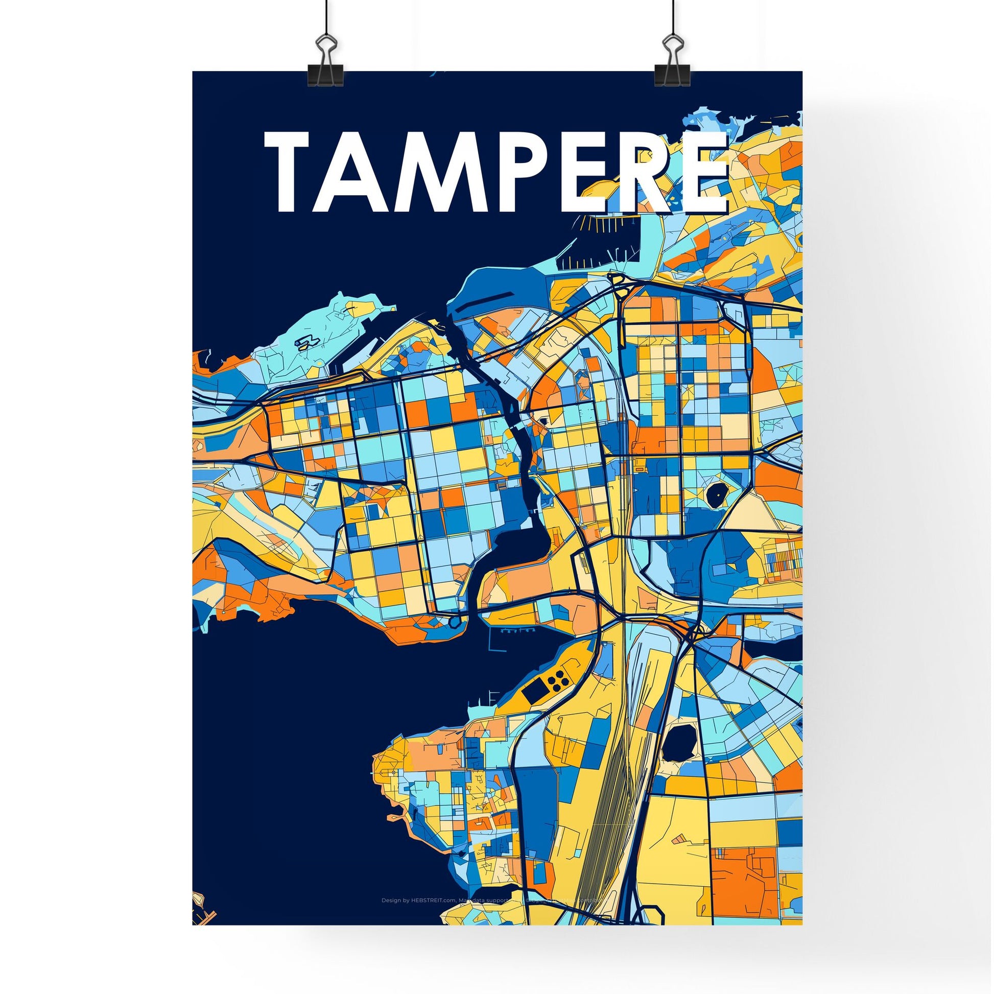 TAMPERE FINLAND Vibrant Colorful Art Map Poster Blue Orange