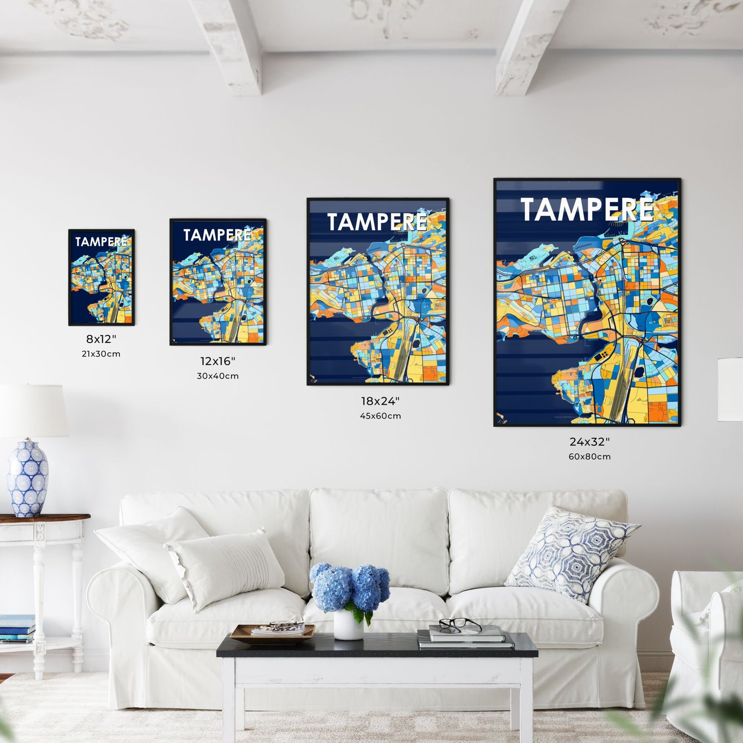 TAMPERE FINLAND Vibrant Colorful Art Map Poster Blue Orange