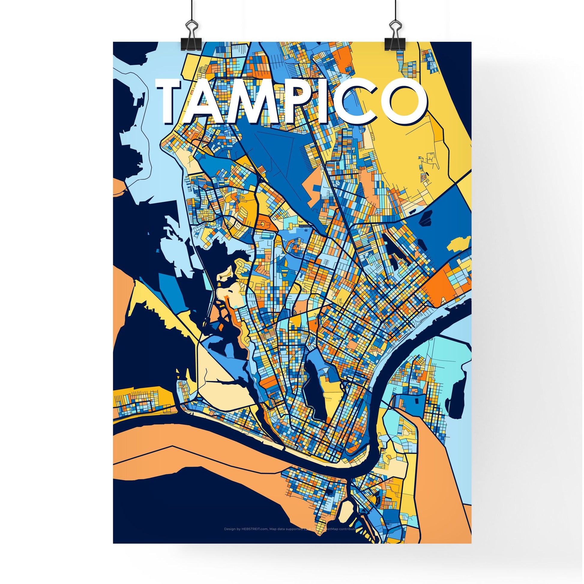 TAMPICO MEXICO Vibrant Colorful Art Map Poster Blue Orange