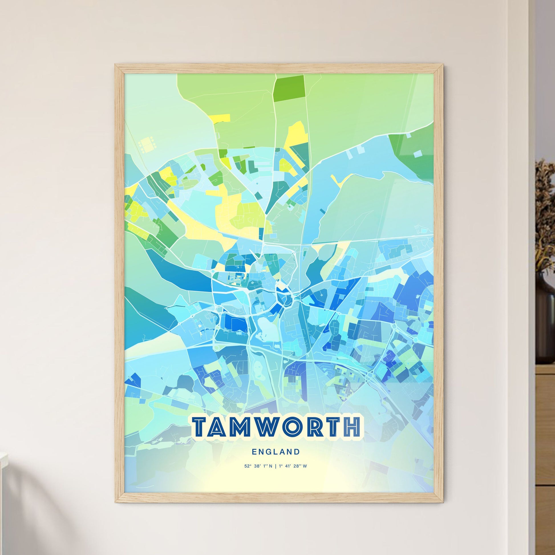 Colorful Tamworth England Fine Art Map Cool Blue
