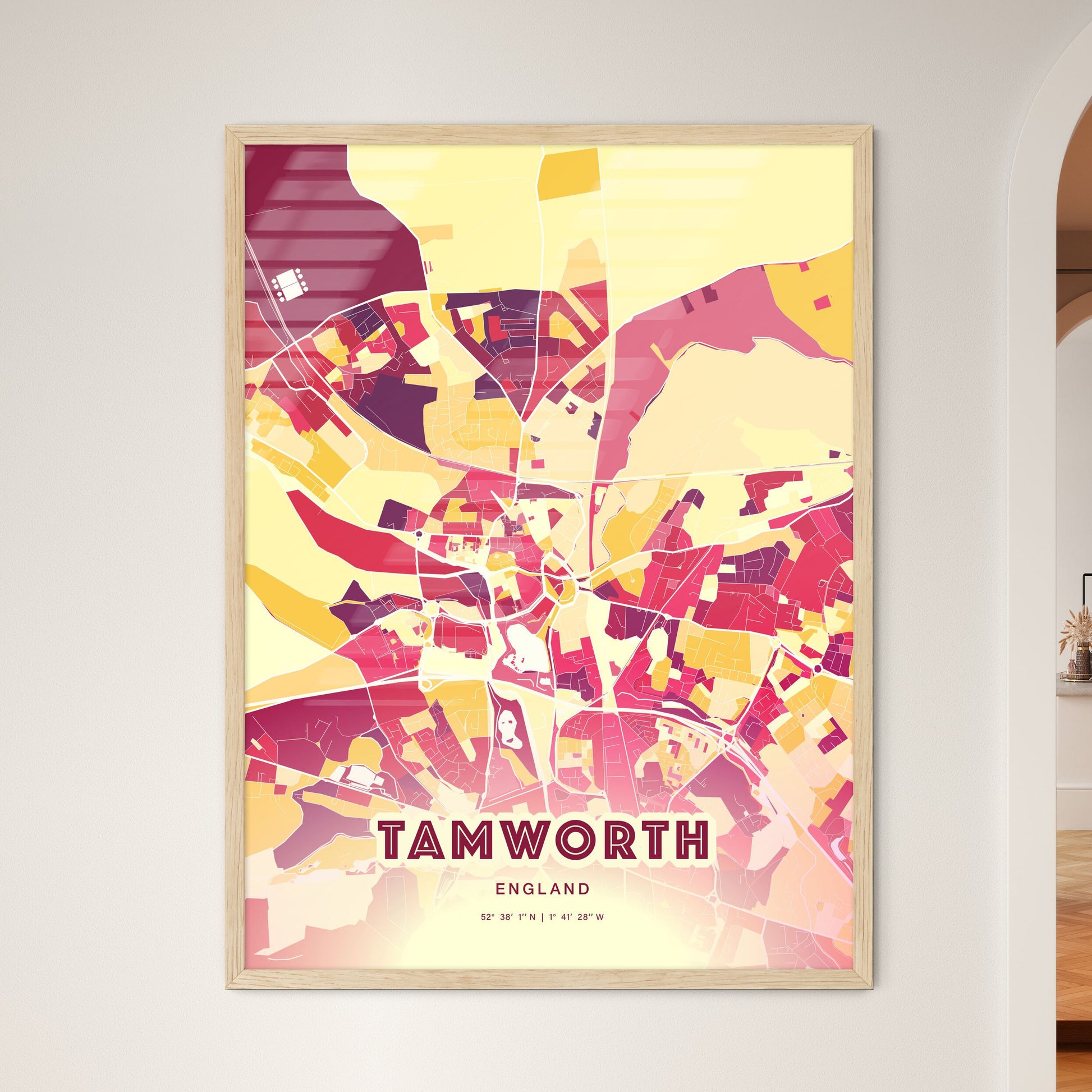 Colorful Tamworth England Fine Art Map Hot Red