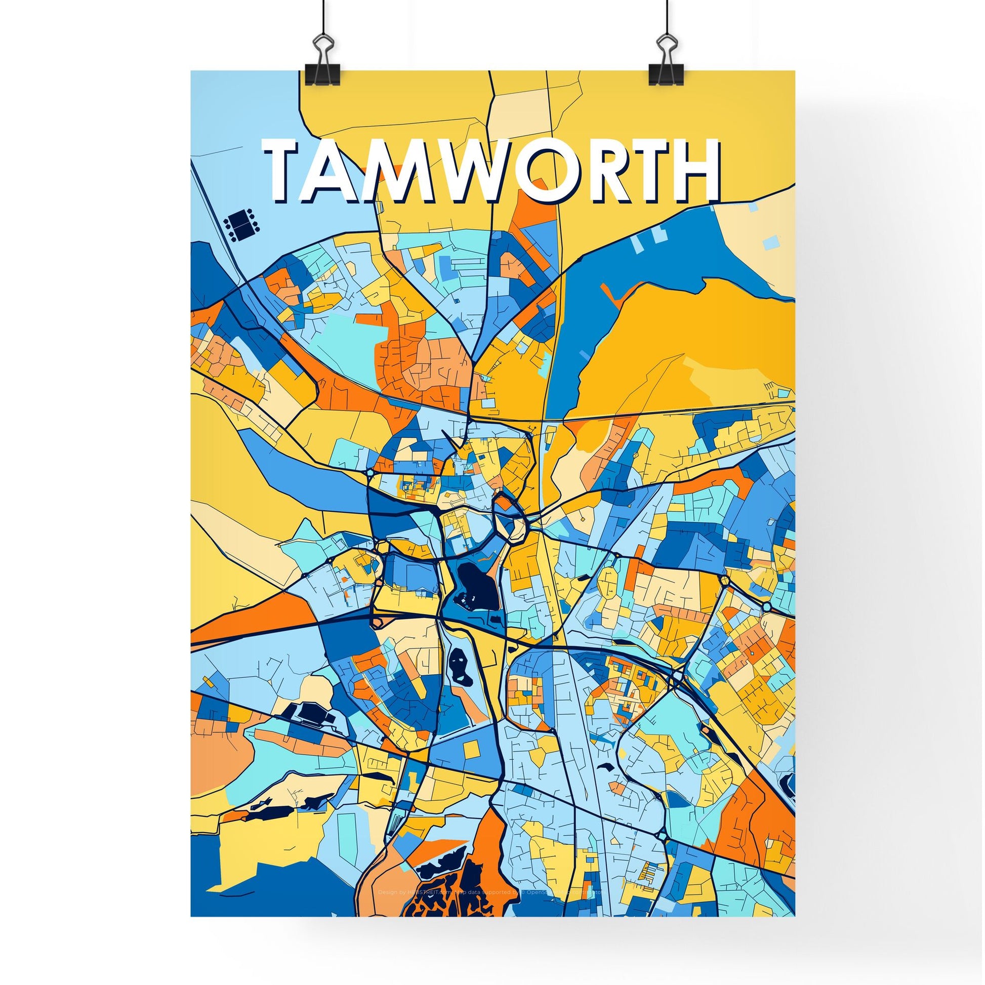 TAMWORTH ENGLAND Vibrant Colorful Art Map Poster Blue Orange