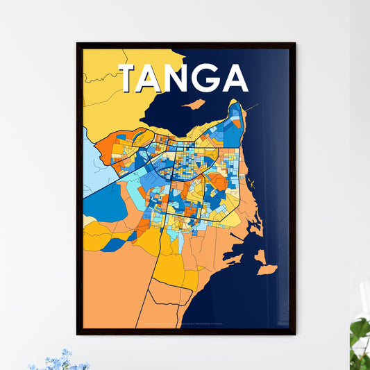 TANGA TANZANIA Vibrant Colorful Art Map Poster Blue Orange