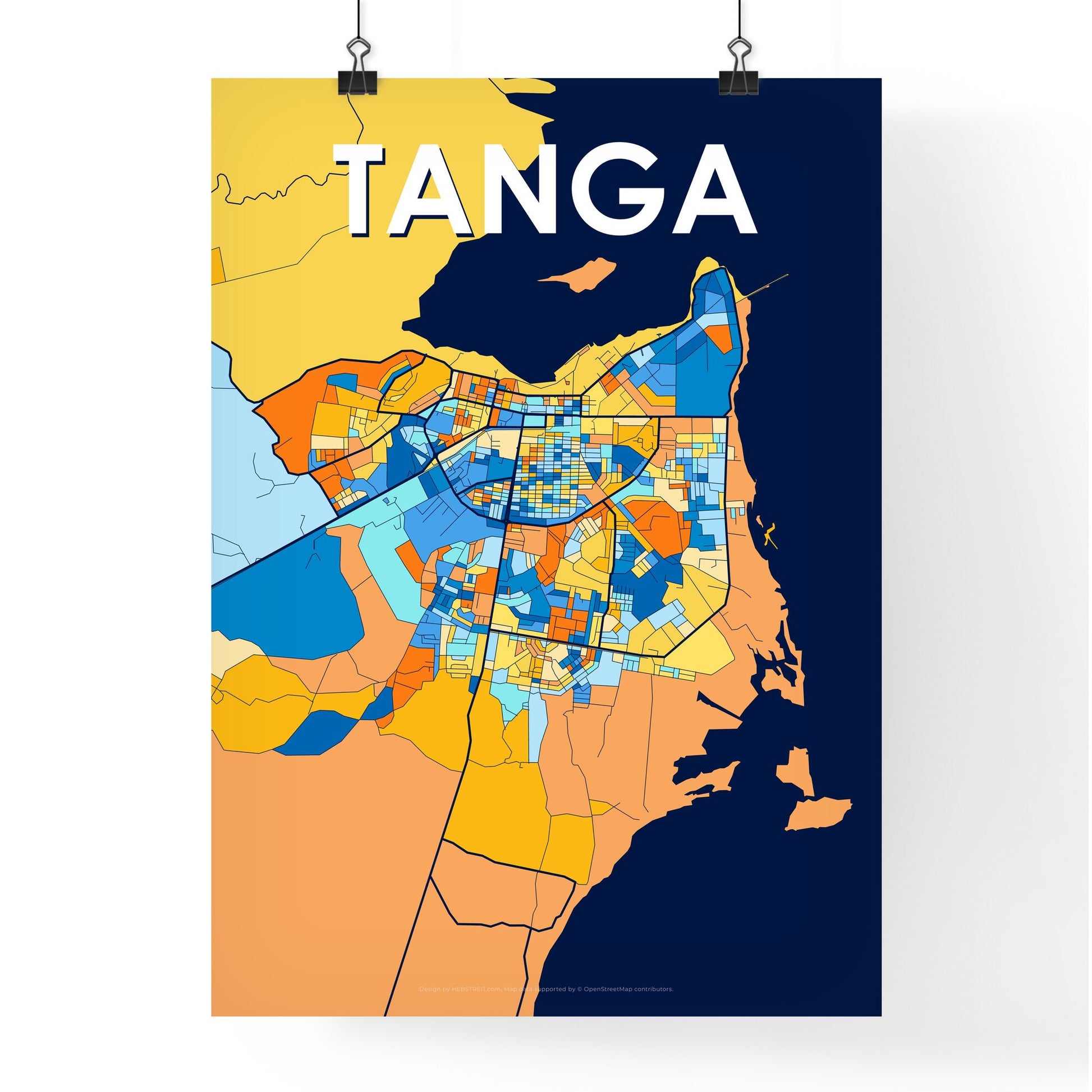 TANGA TANZANIA Vibrant Colorful Art Map Poster Blue Orange