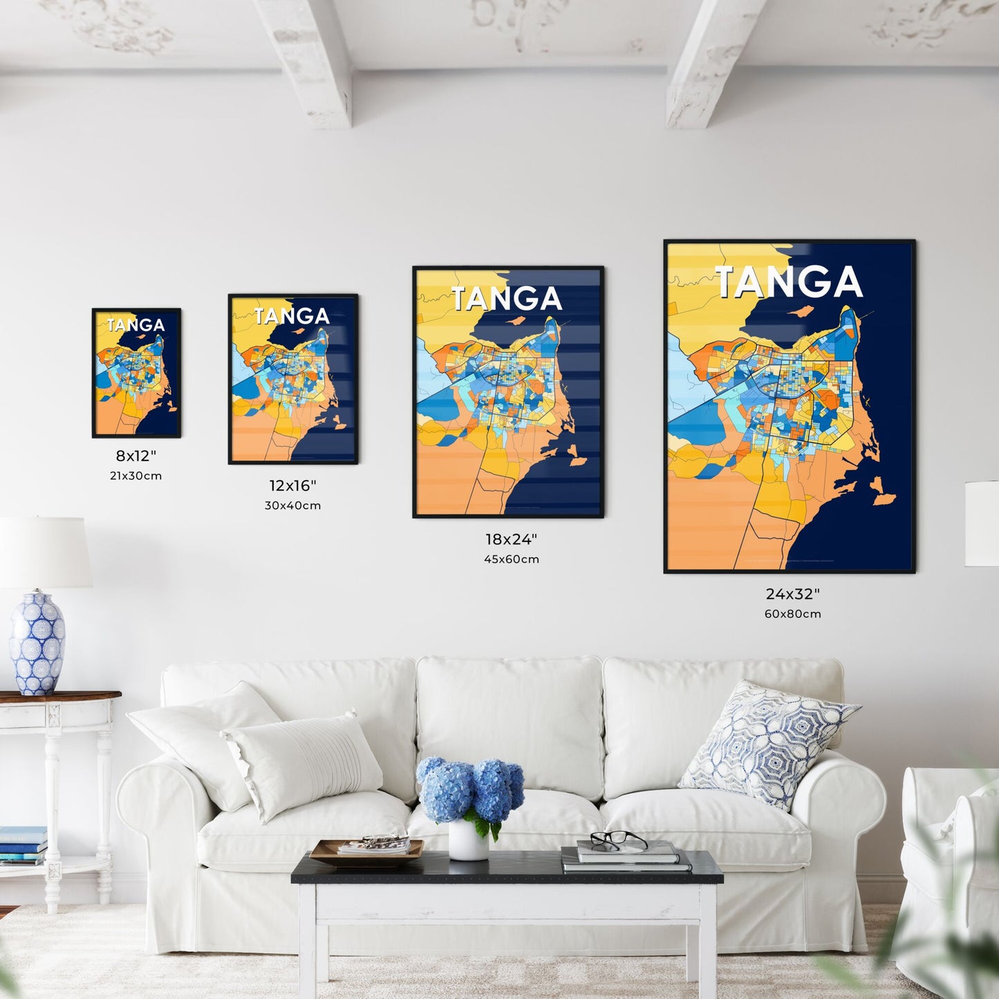 TANGA TANZANIA Vibrant Colorful Art Map Poster Blue Orange