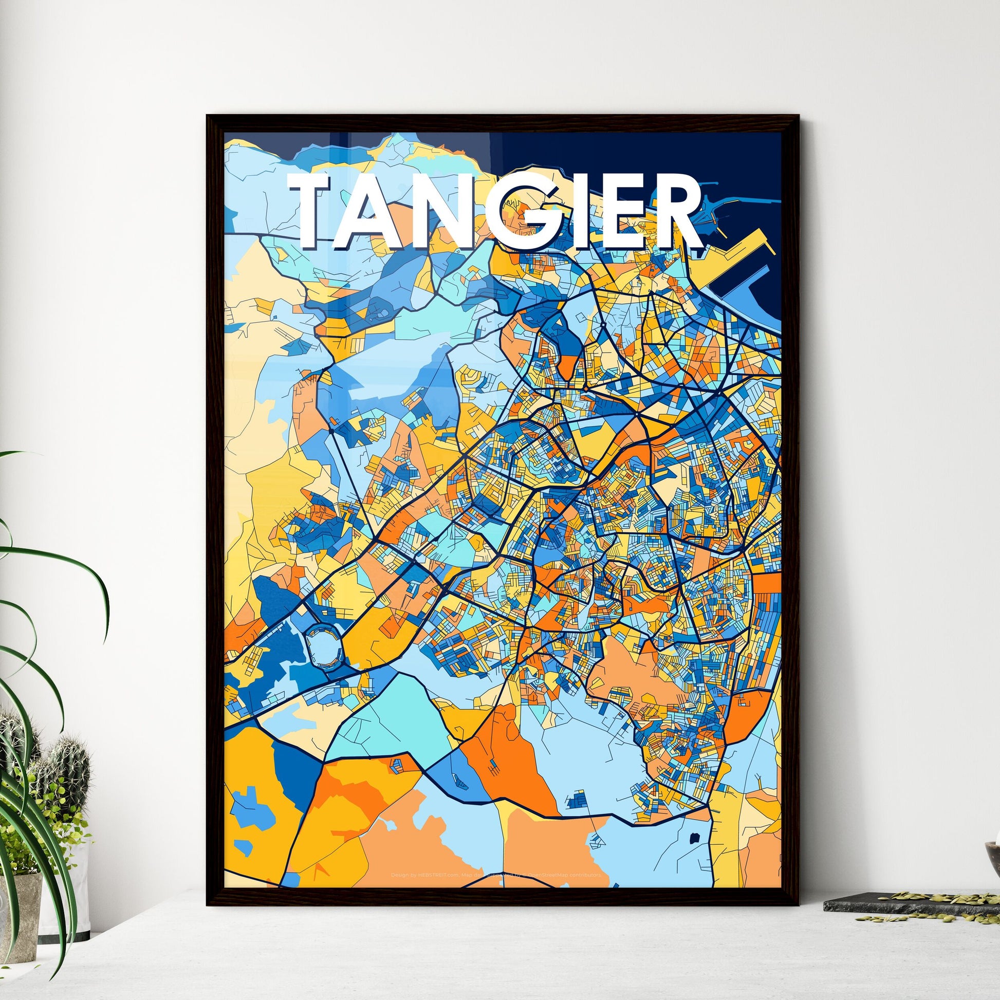 TANGIER MOROCCO Vibrant Colorful Art Map Poster Blue Orange