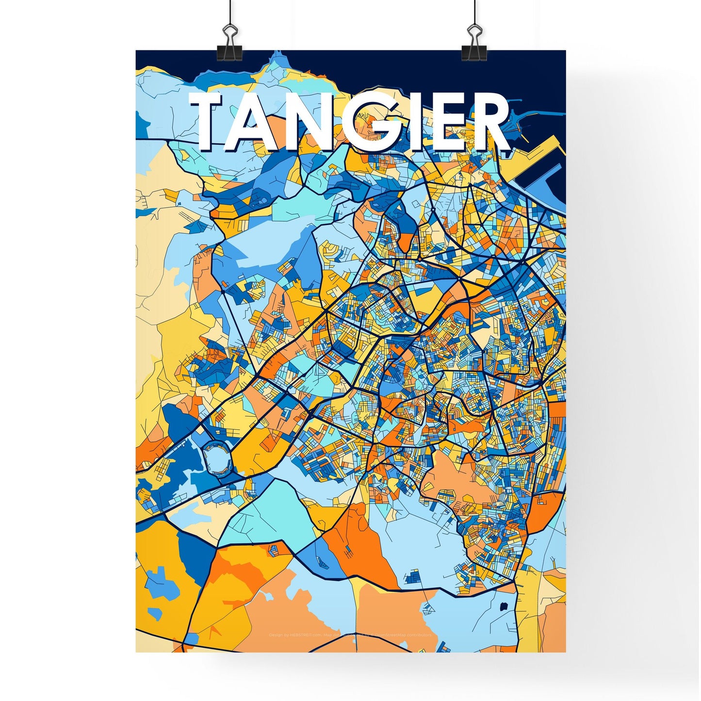 TANGIER MOROCCO Vibrant Colorful Art Map Poster Blue Orange