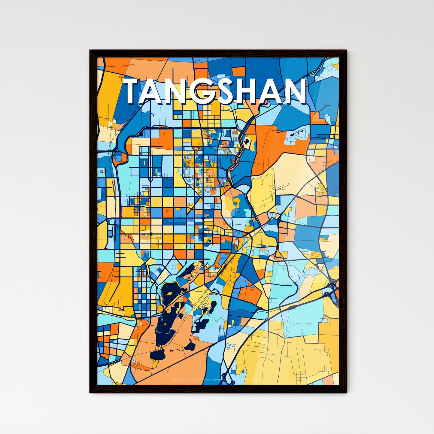 TANGSHAN CHINA Vibrant Colorful Art Map Poster Blue Orange