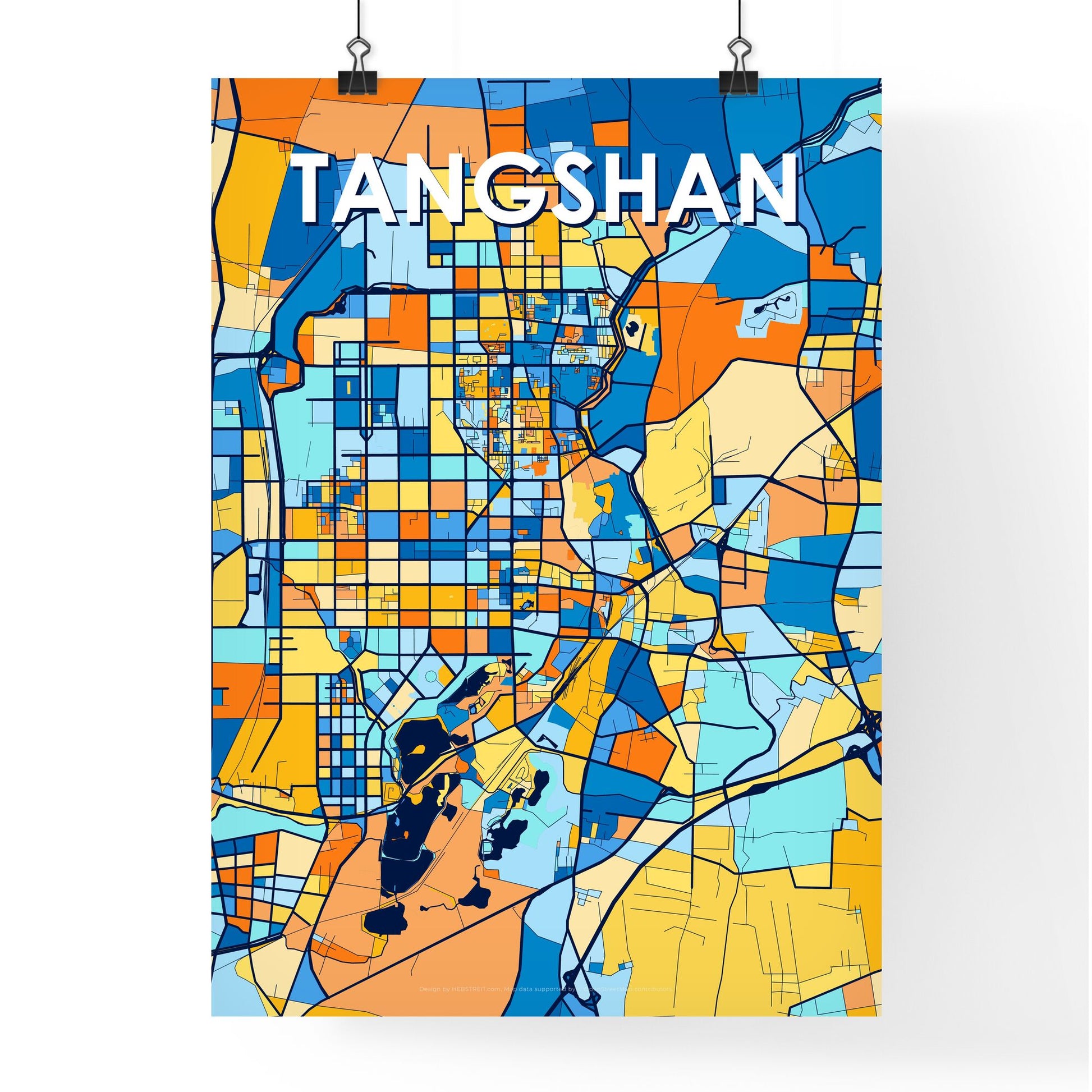 TANGSHAN CHINA Vibrant Colorful Art Map Poster Blue Orange