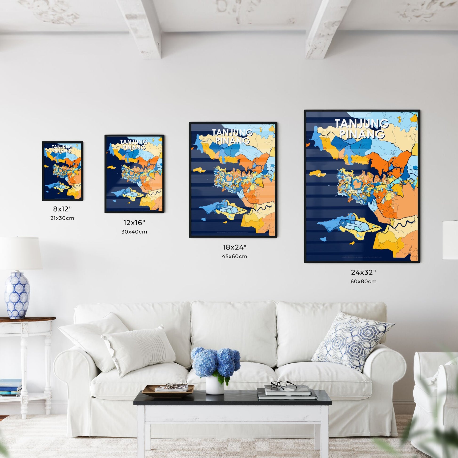 TANJUNG PINANG INDONESIA Vibrant Colorful Art Map Poster Blue Orange