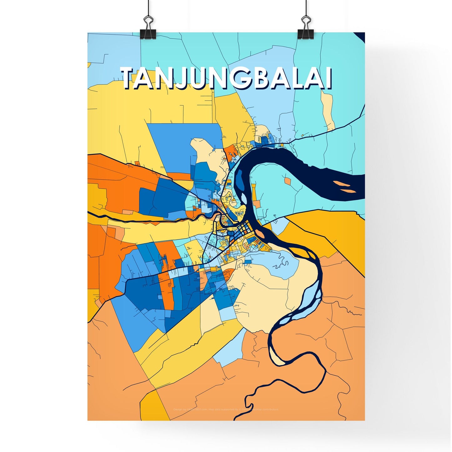 TANJUNGBALAI INDONESIA Vibrant Colorful Art Map Poster Blue Orange