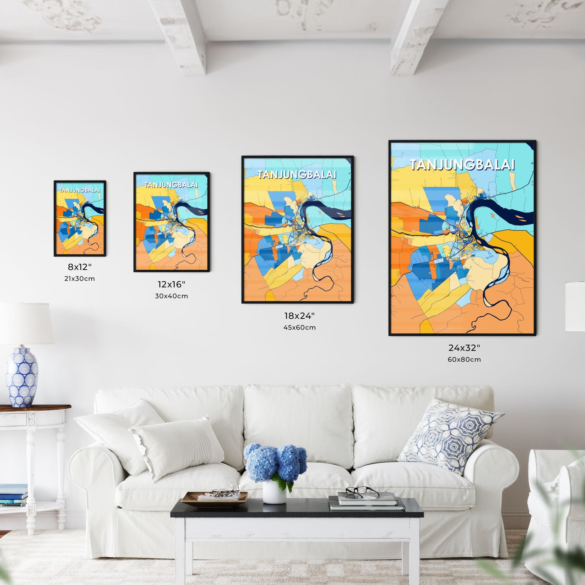 TANJUNGBALAI INDONESIA Vibrant Colorful Art Map Poster Blue Orange