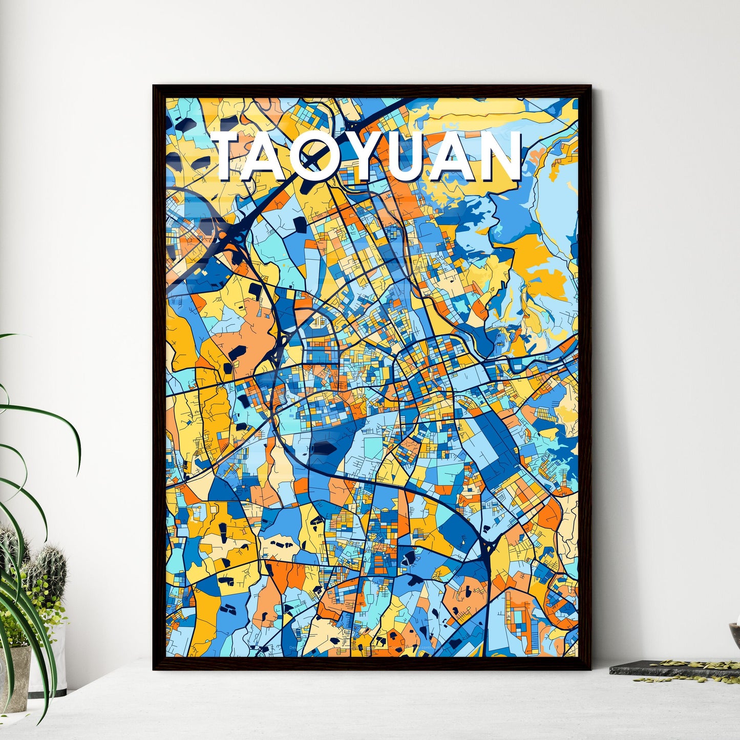 TAOYUAN TAIWAN Vibrant Colorful Art Map Poster Blue Orange