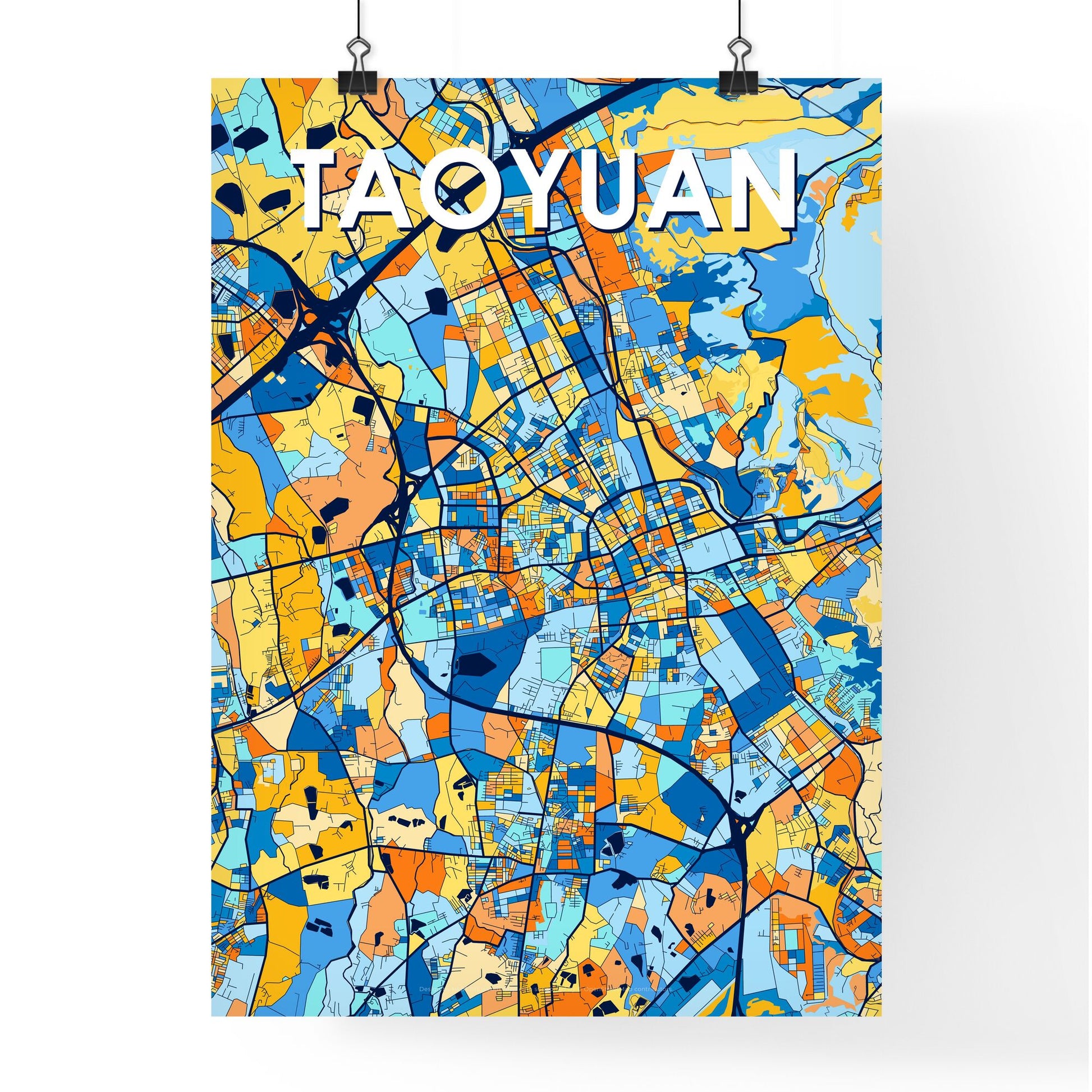 TAOYUAN TAIWAN Vibrant Colorful Art Map Poster Blue Orange