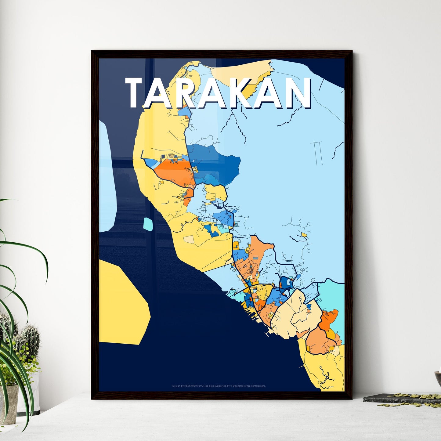 TARAKAN INDONESIA Vibrant Colorful Art Map Poster Blue Orange