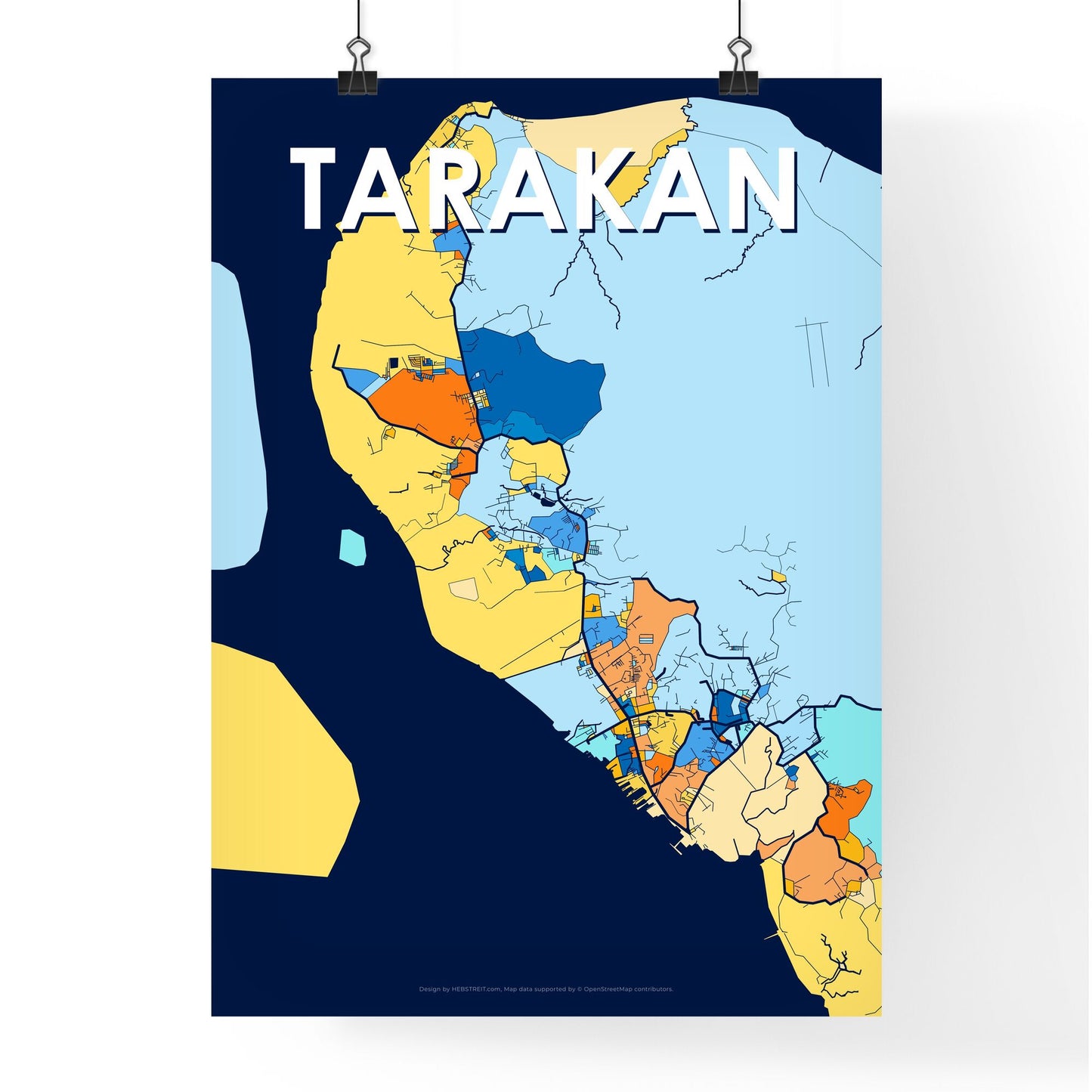 TARAKAN INDONESIA Vibrant Colorful Art Map Poster Blue Orange