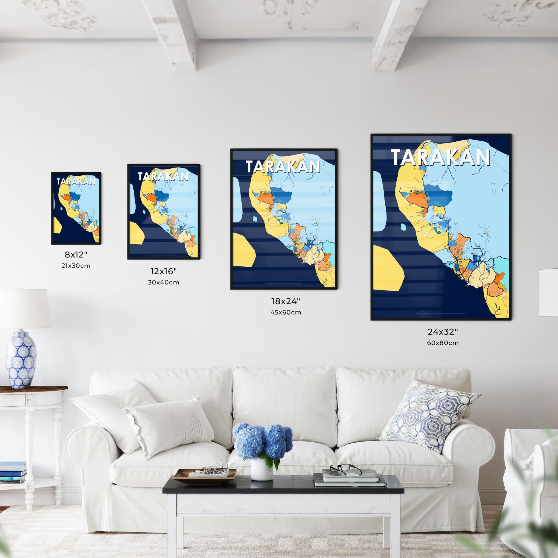 TARAKAN INDONESIA Vibrant Colorful Art Map Poster Blue Orange