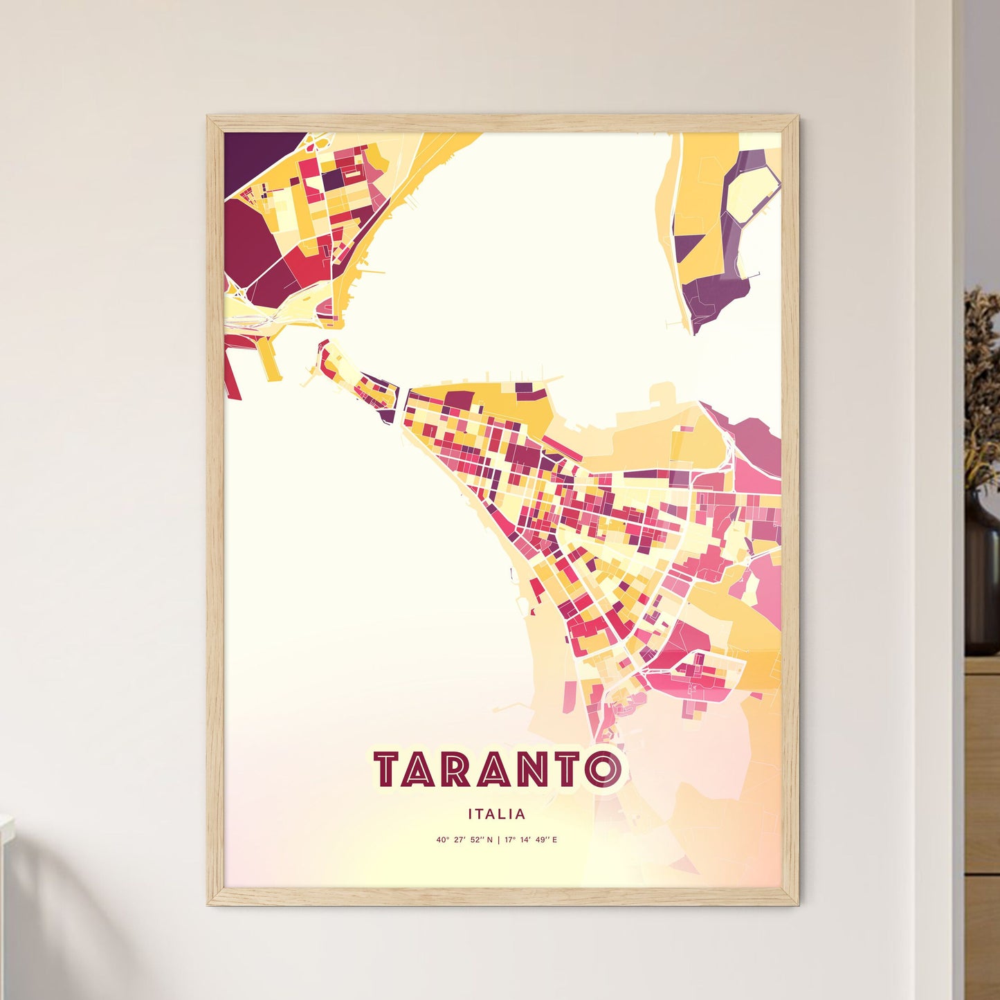 Colorful Taranto Italy Fine Art Map Hot Red