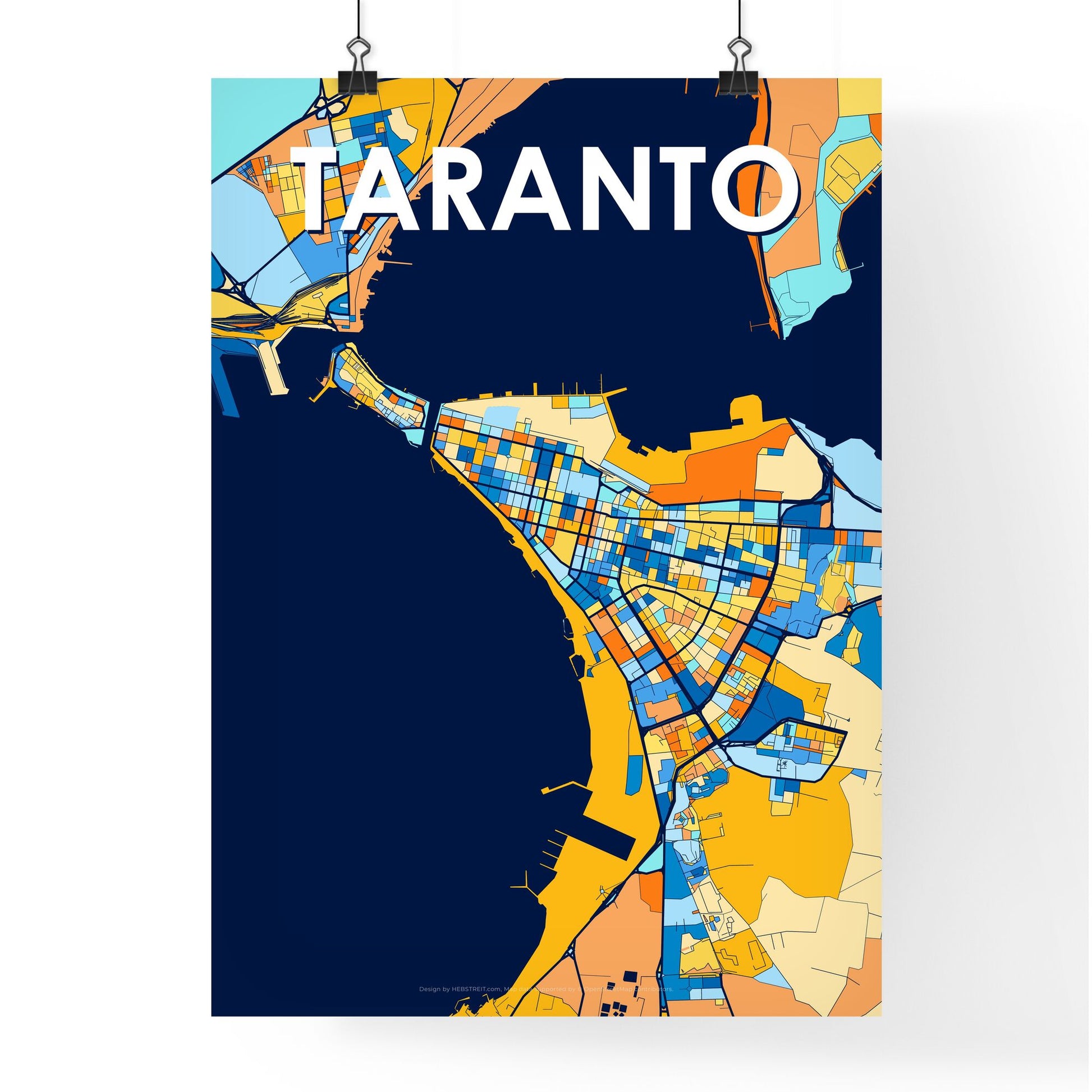 TARANTO ITALY Vibrant Colorful Art Map Poster Blue Orange