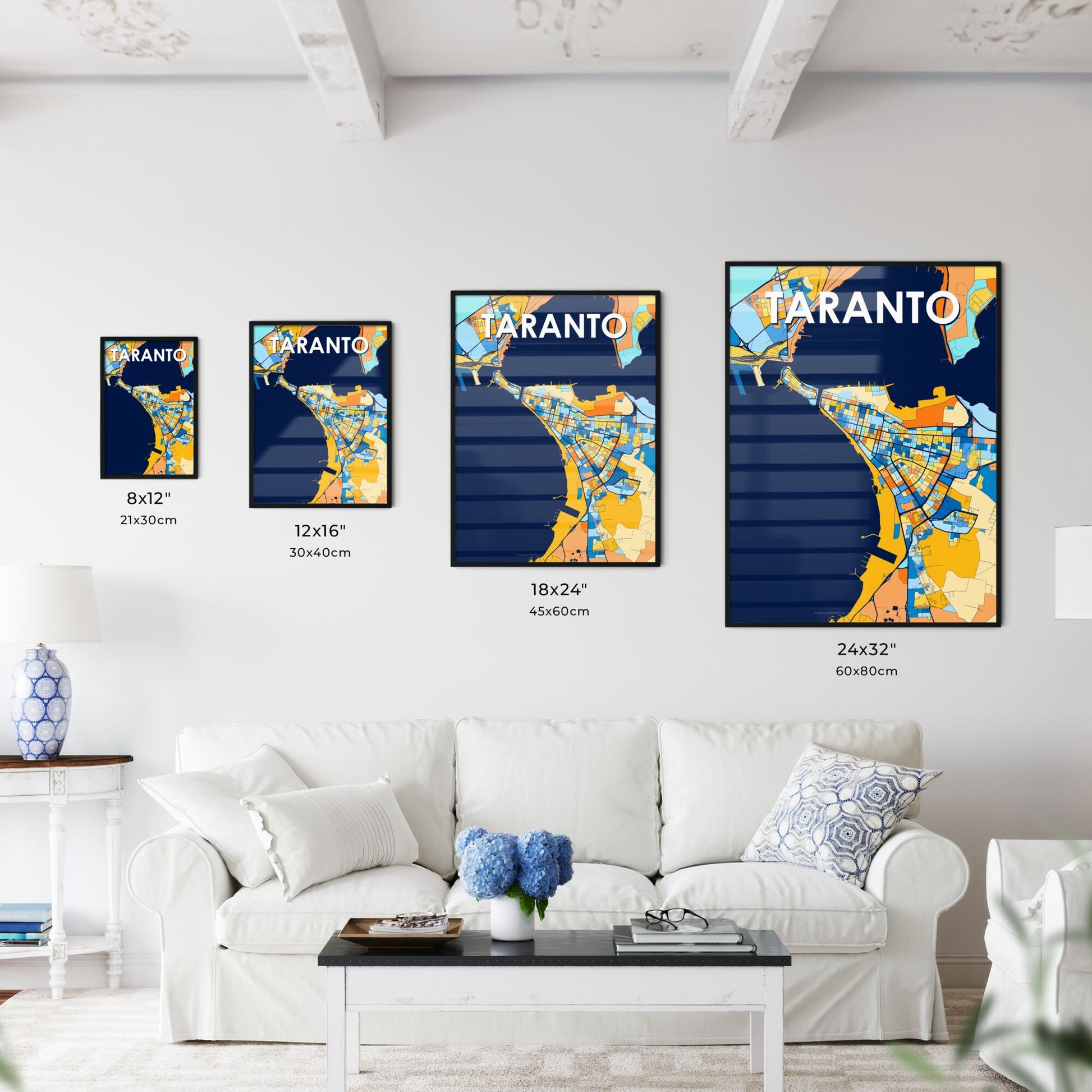 TARANTO ITALY Vibrant Colorful Art Map Poster Blue Orange