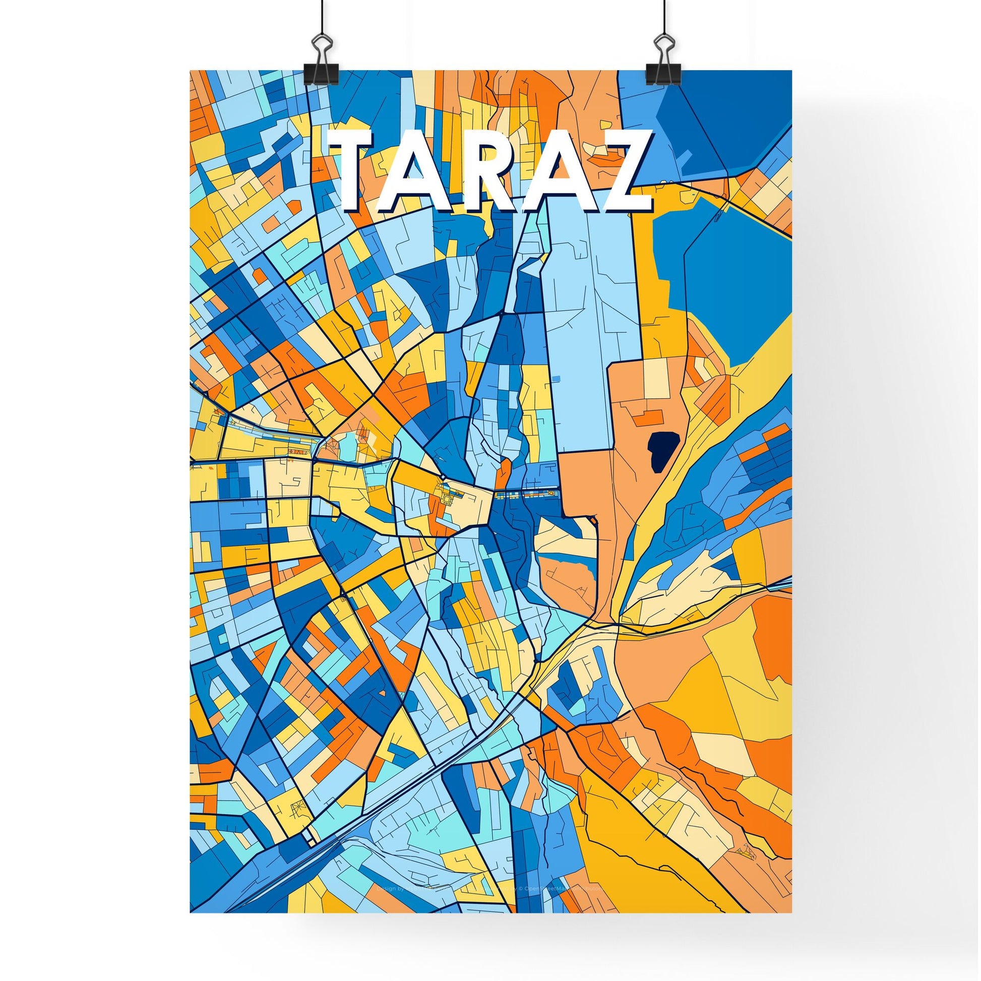 TARAZ KAZAKHSTAN Vibrant Colorful Art Map Poster Blue Orange